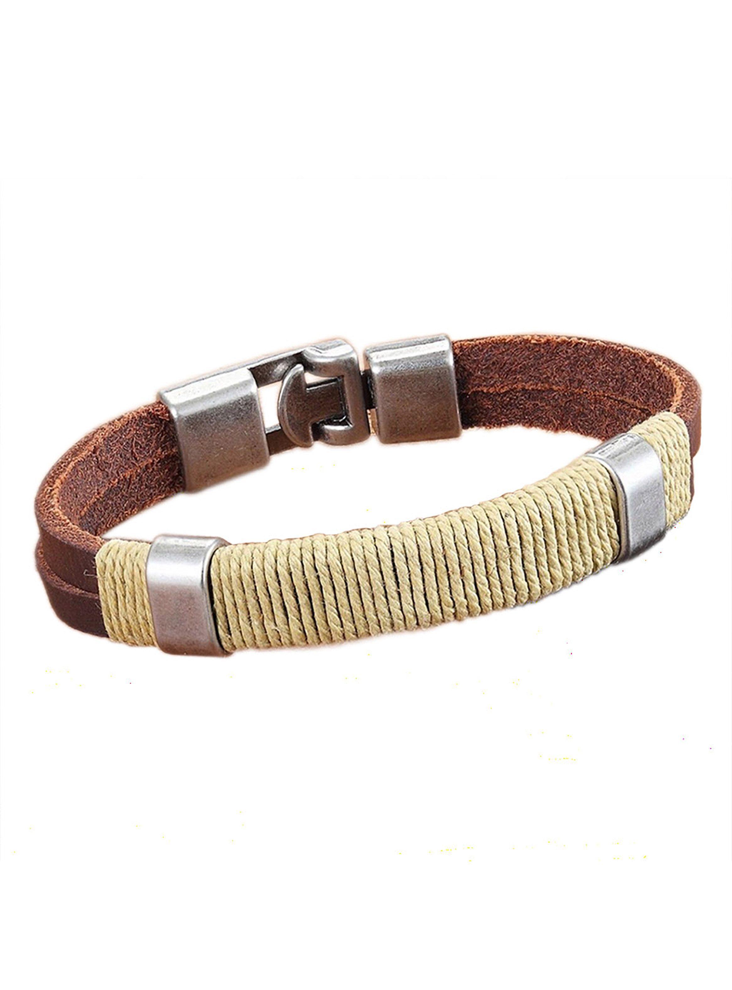 Pulsera De Cuero Café Detalles En Hilo Y Acero-0