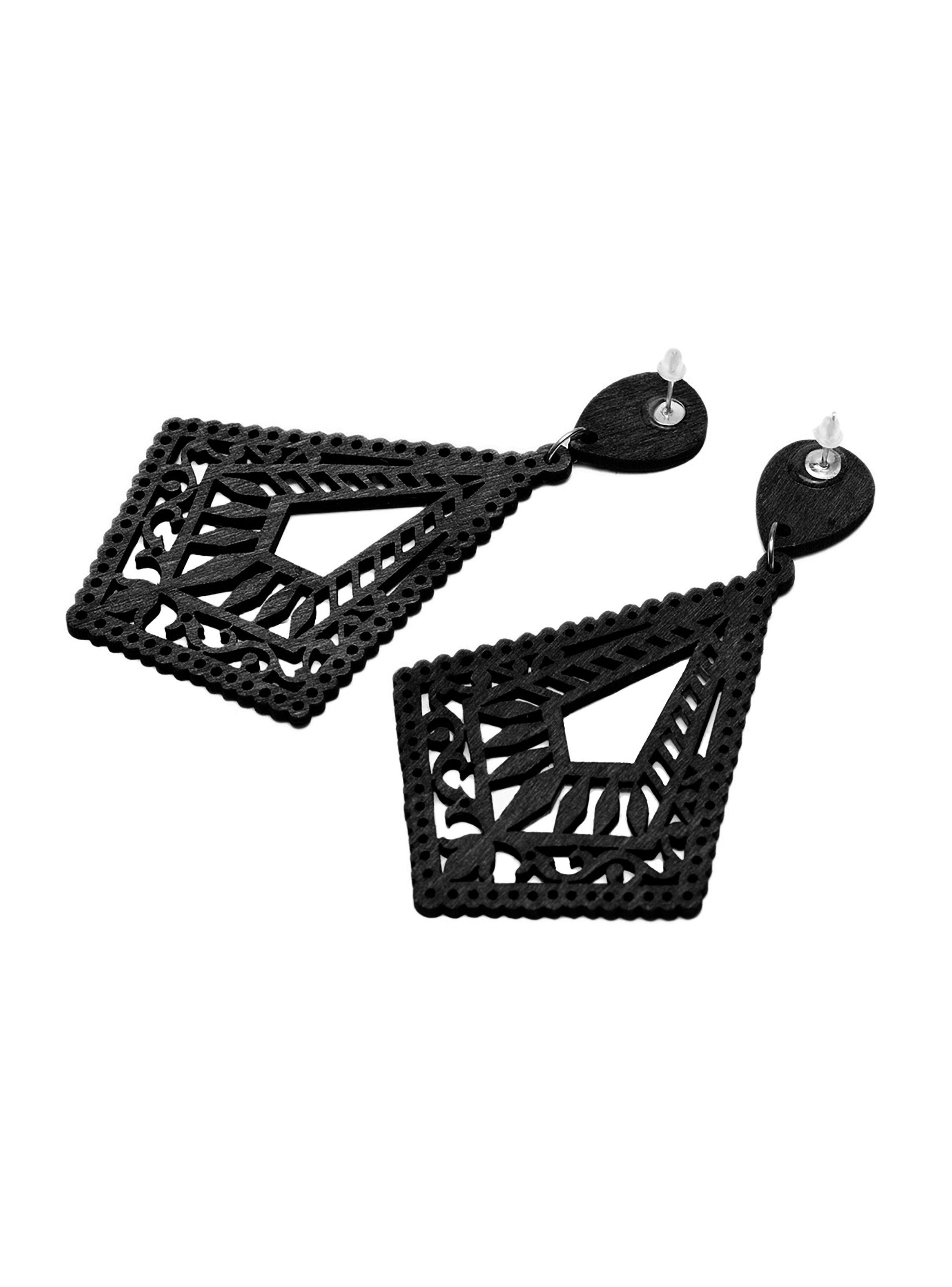 Aros Colgantes Mujer Diamante Madera Negro-1