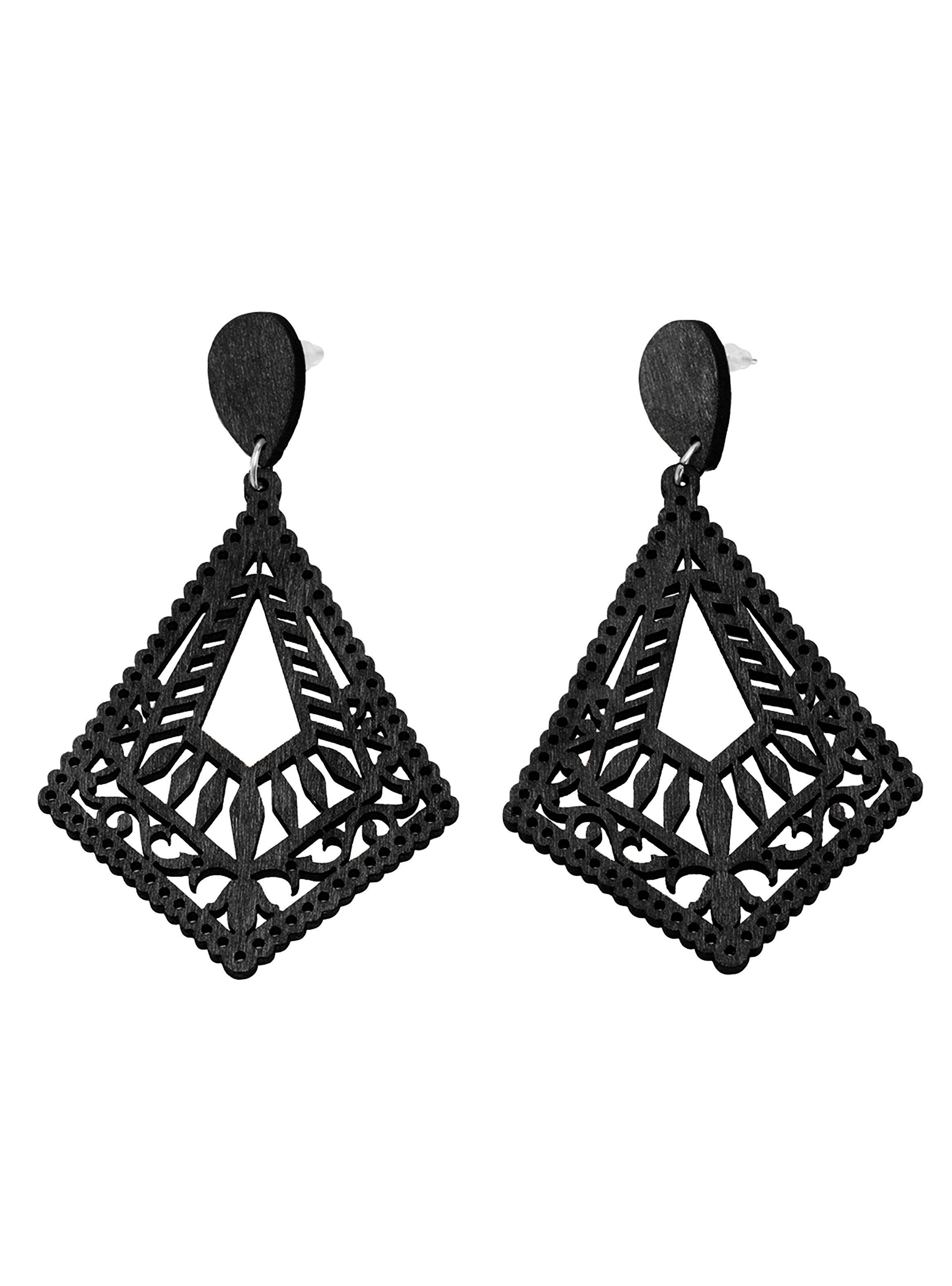 Aros Colgantes Mujer Diamante Madera Negro-0
