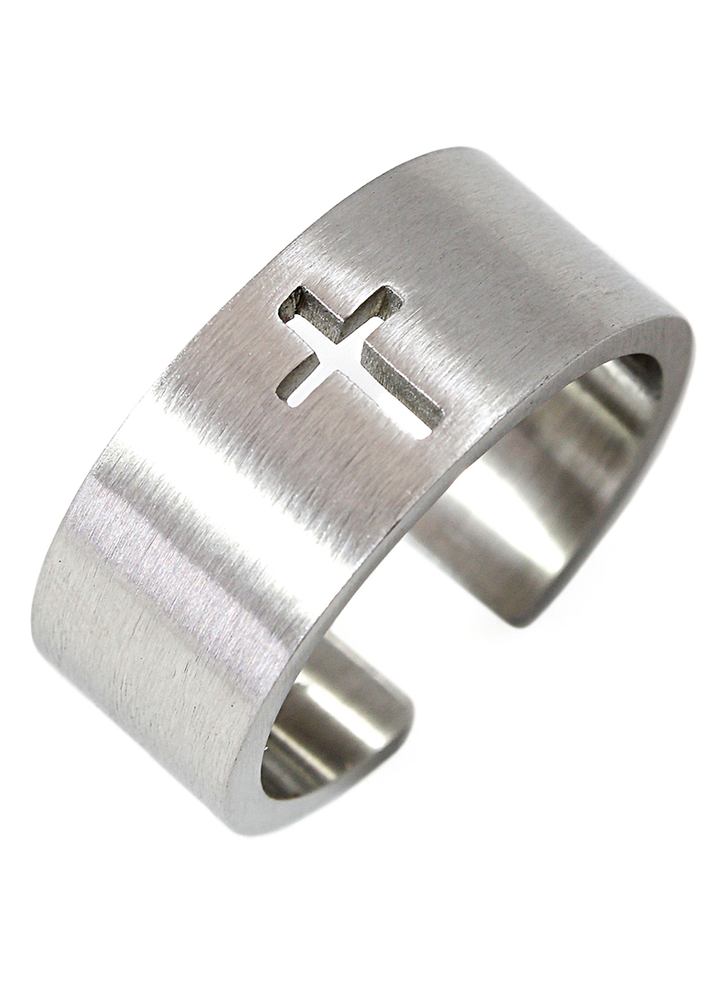 Anillo de Acero Plateado Brillante con Cruz Hueca Talla 8-0