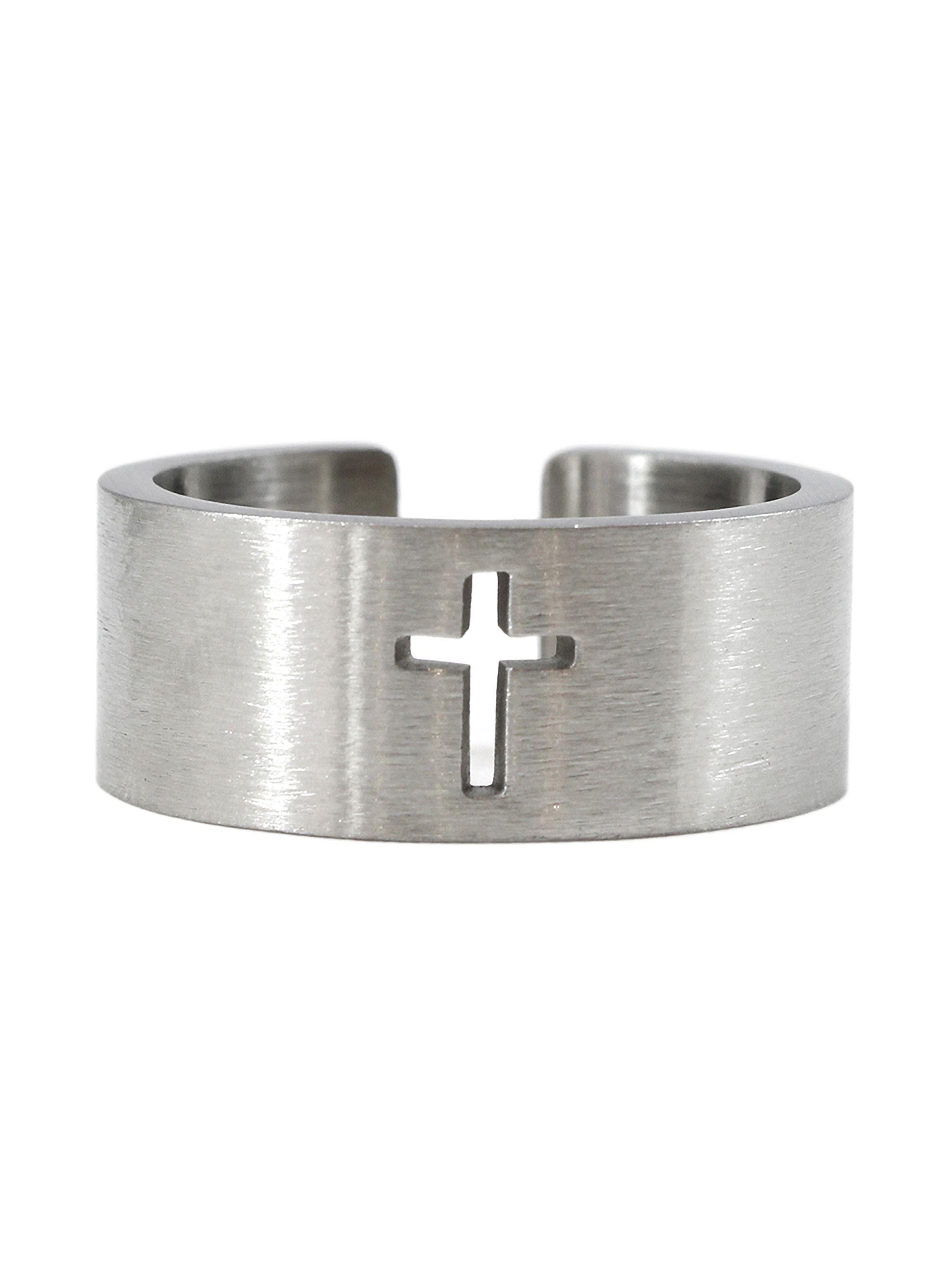 Anillo de Acero Plateado Brillante con Cruz Hueca Talla 8-1