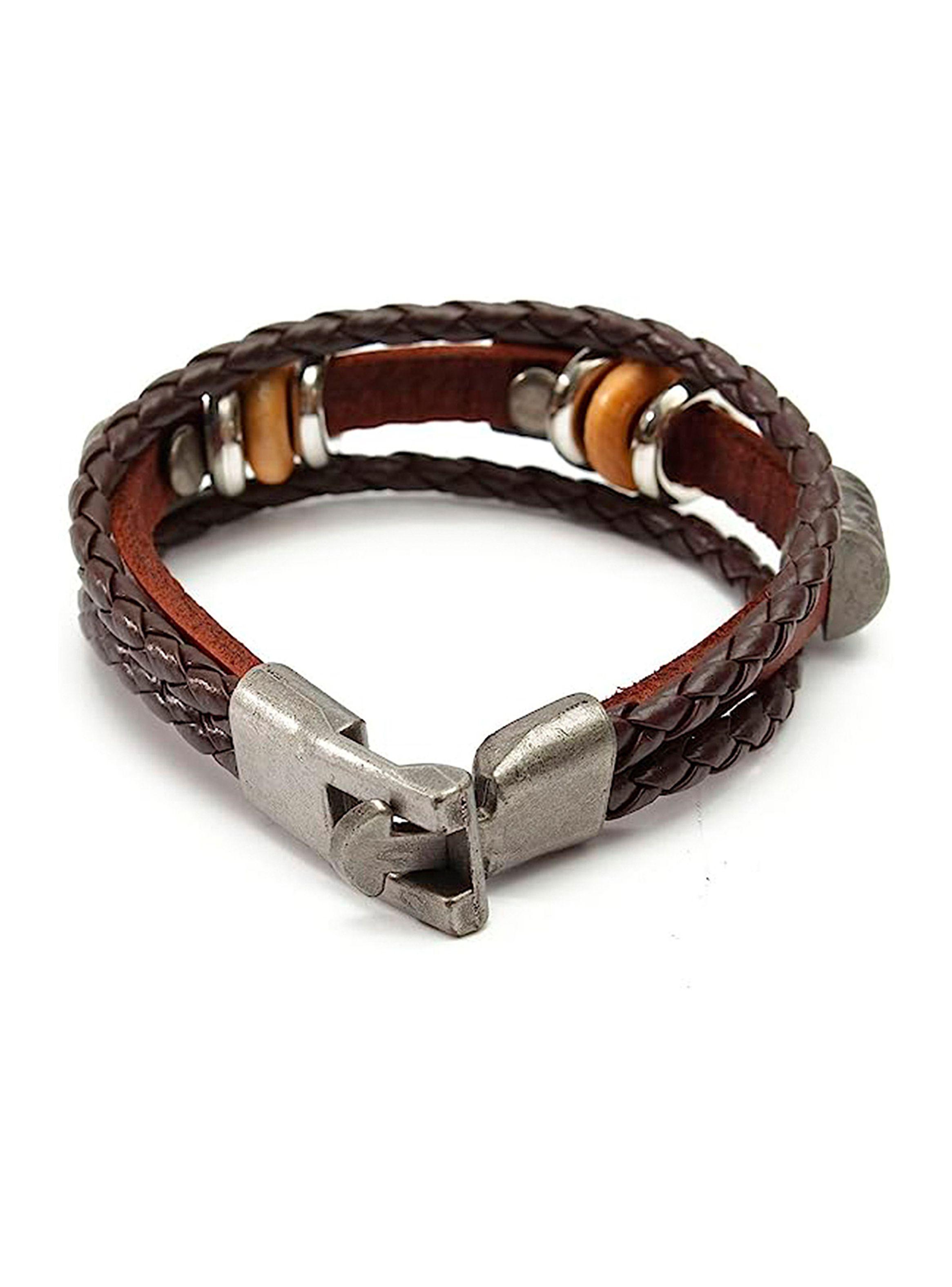 Pulsera Cafe Cuero Trenzada Acero-3