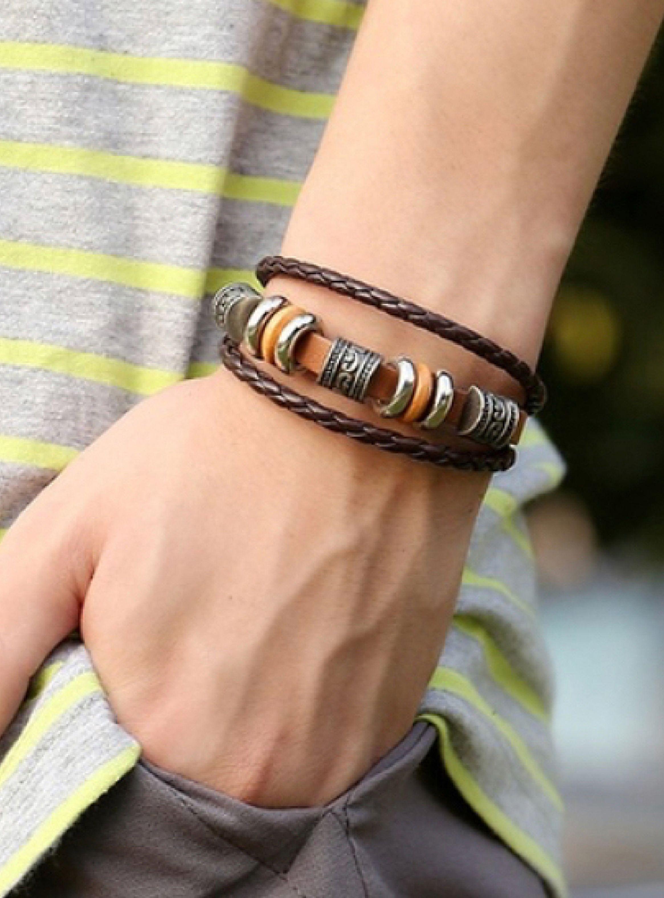 Pulsera Cafe Cuero Trenzada Acero-4