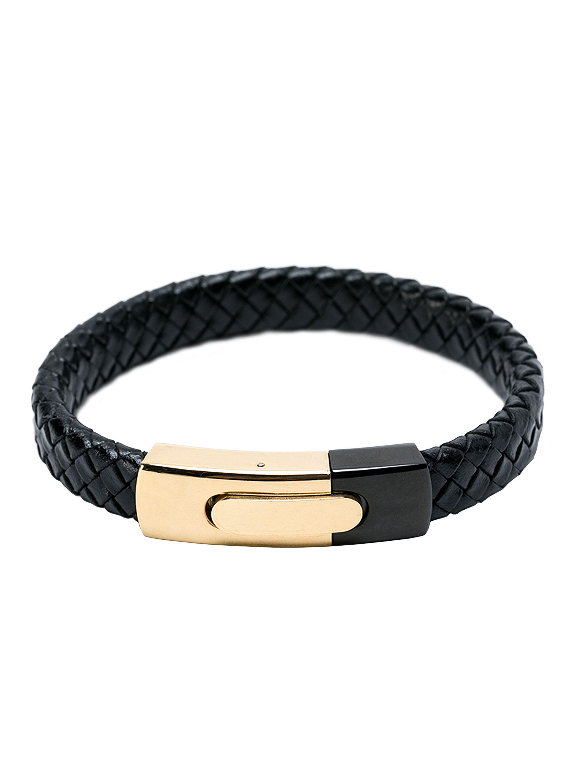 Pulsera de Cuero Hombre Plano Broche Acero Negro Dorado-0