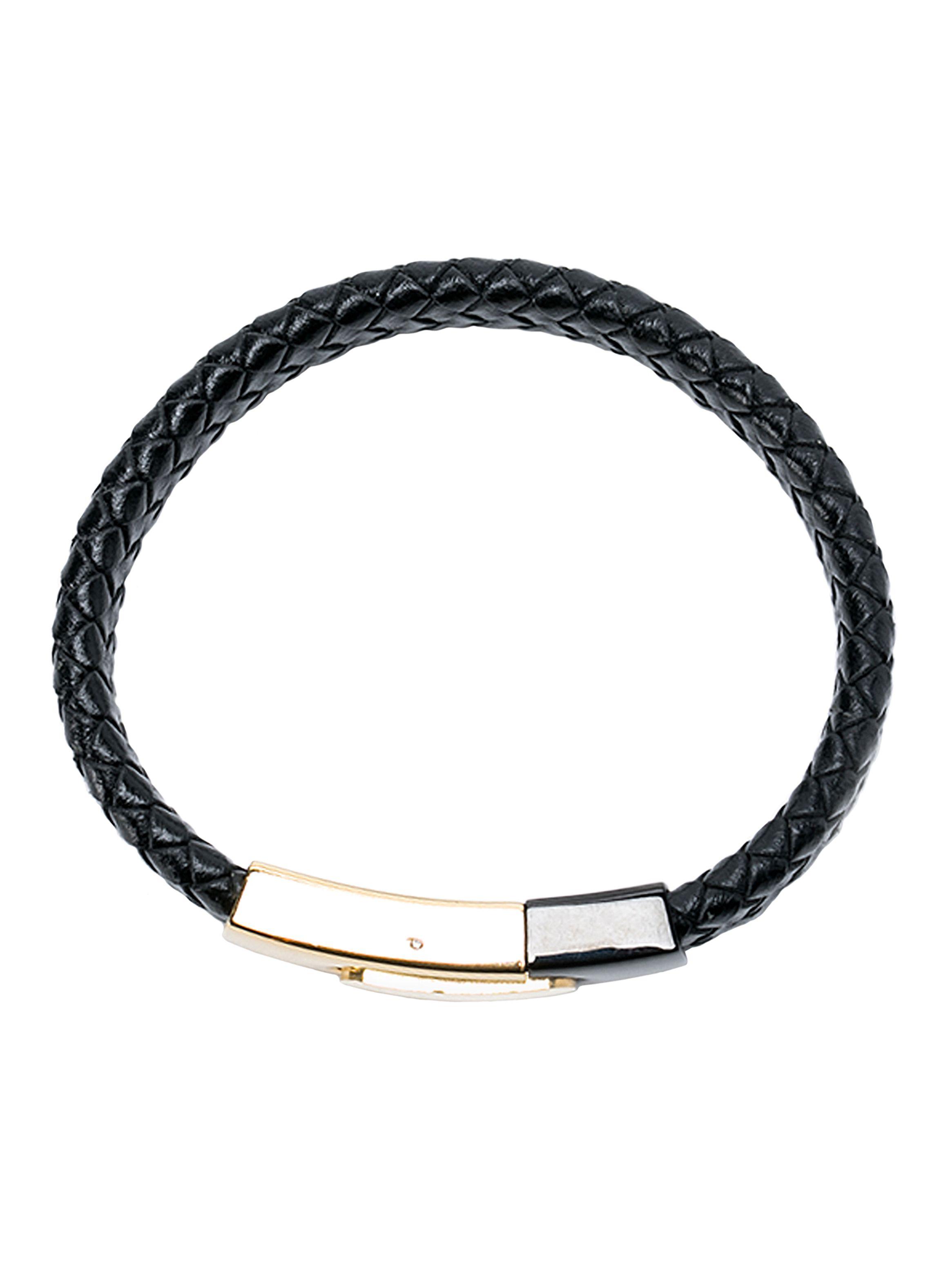 Pulsera de Cuero Hombre Plano Broche Acero Negro Dorado-1