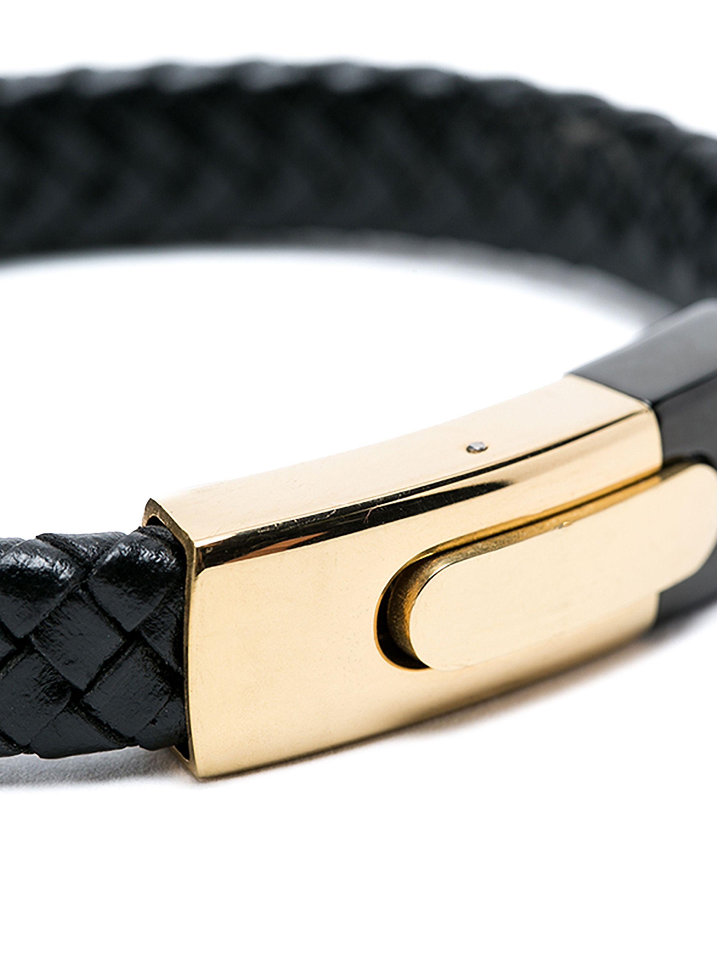 Pulsera de Cuero Hombre Plano Broche Acero Negro Dorado-2