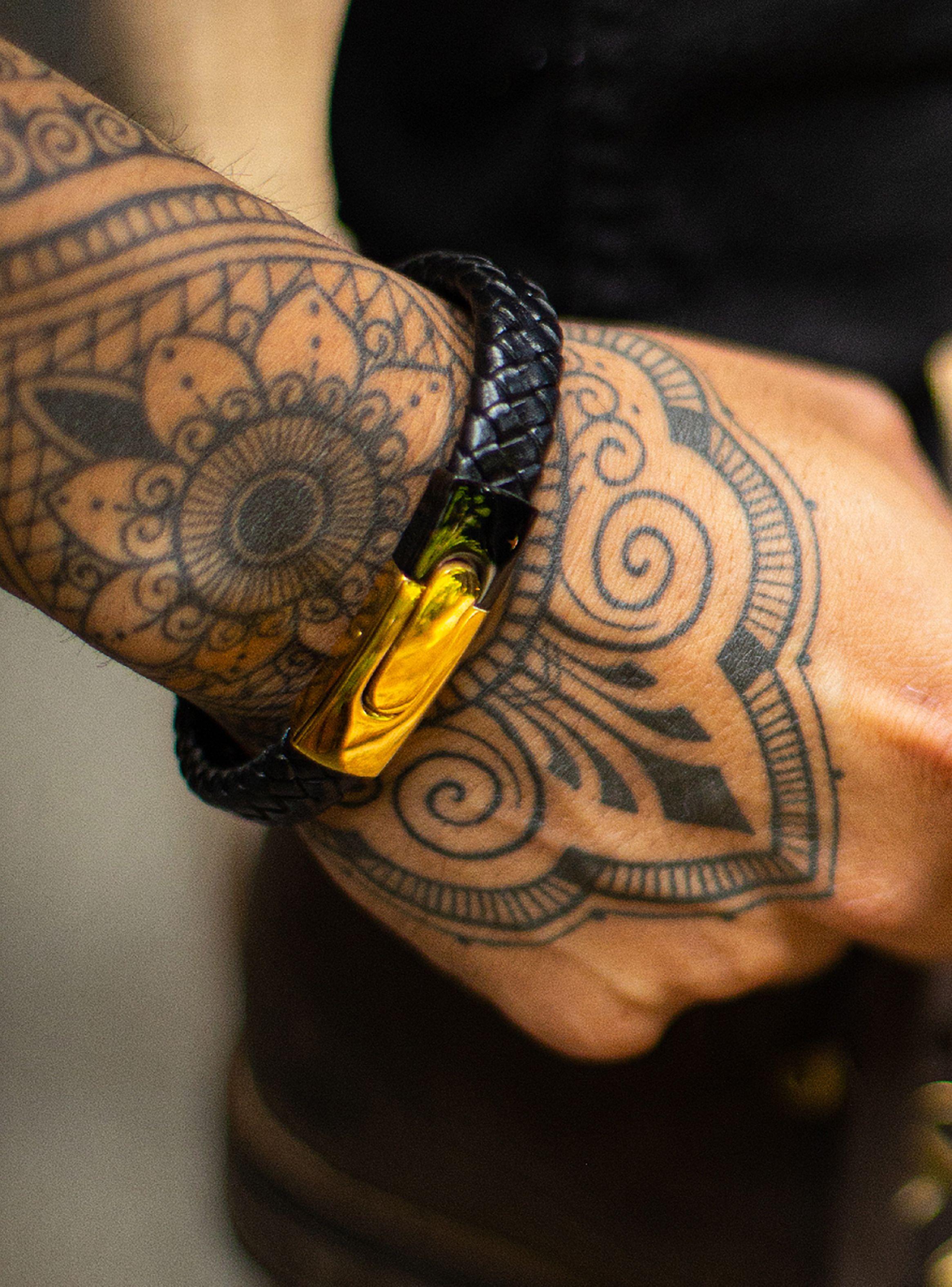 Pulsera de Cuero Hombre Plano Broche Acero Negro Dorado-3
