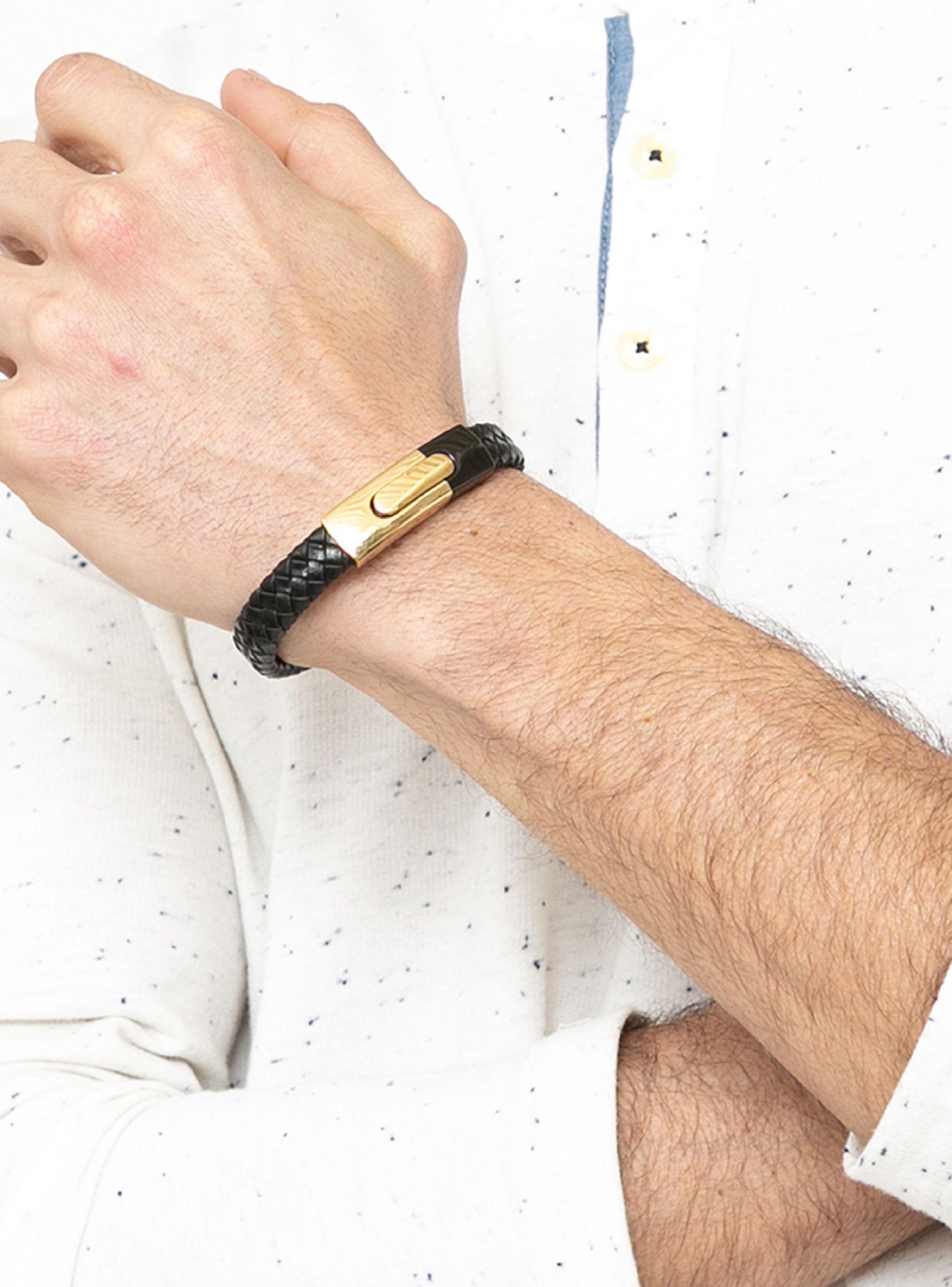 Pulsera de Cuero Hombre Plano Broche Acero Negro Dorado-4