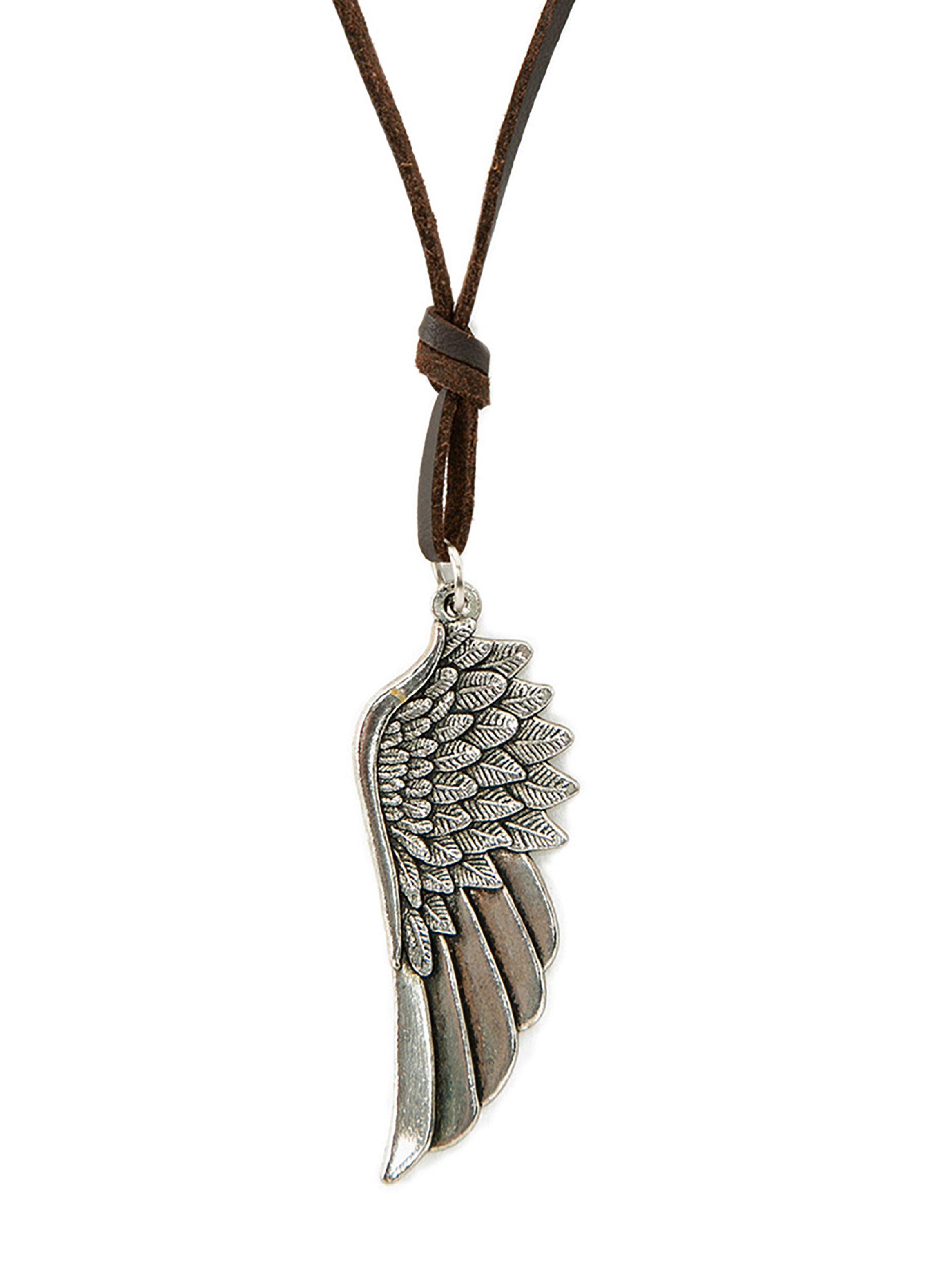 Collar Colgante de Cuero Ala de Ángel Plateado-1