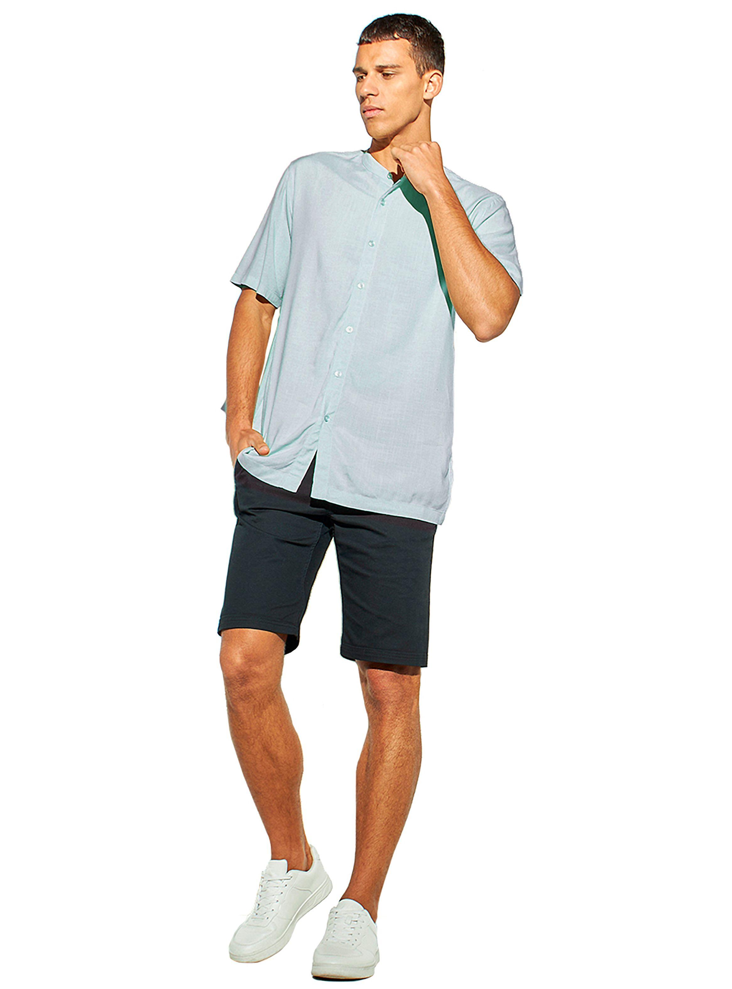 Camisa de Lino Manga Corta Hombre Cuello Mao Celeste-2