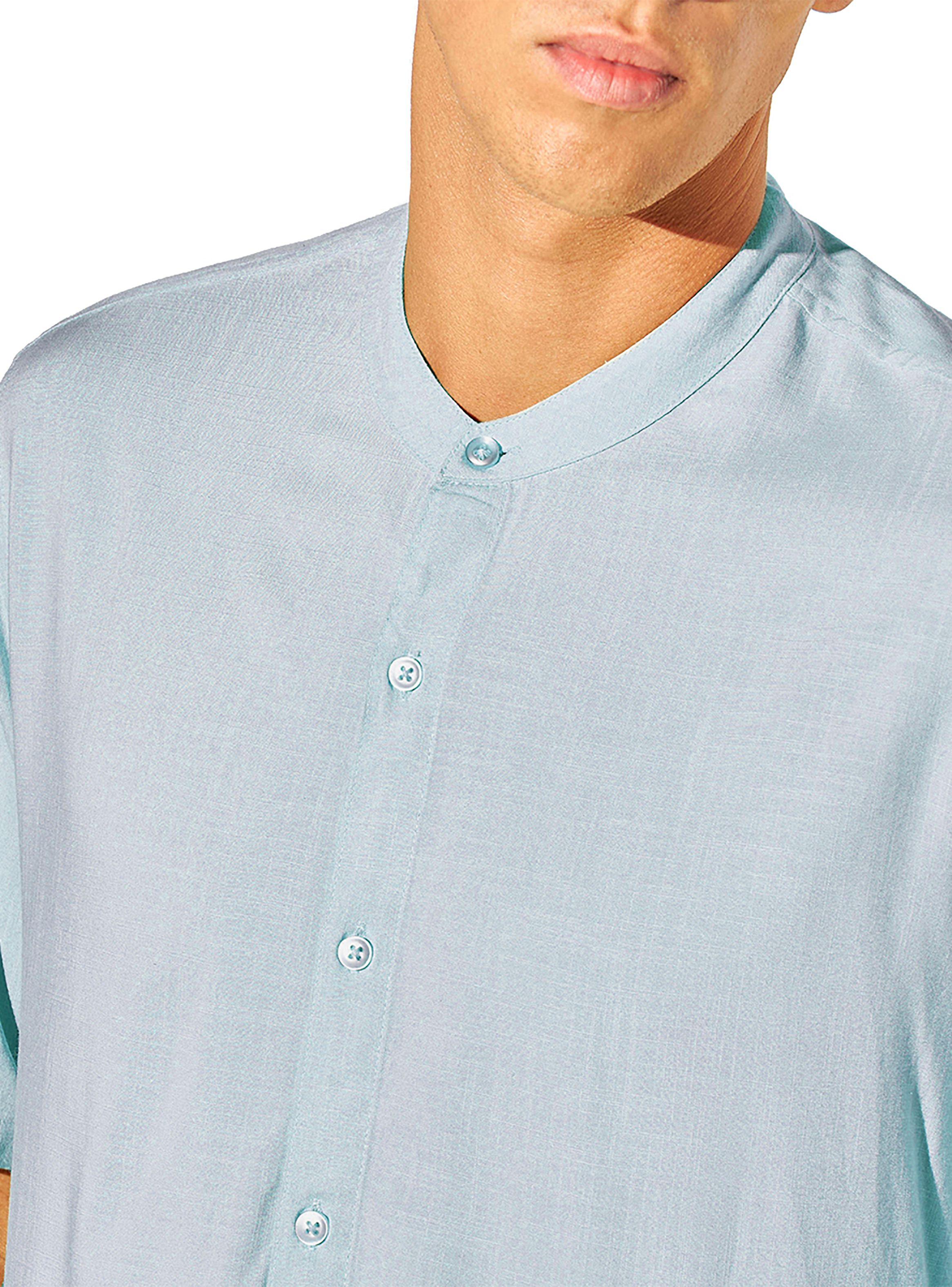 Camisa de Lino Manga Corta Hombre Cuello Mao Celeste-3