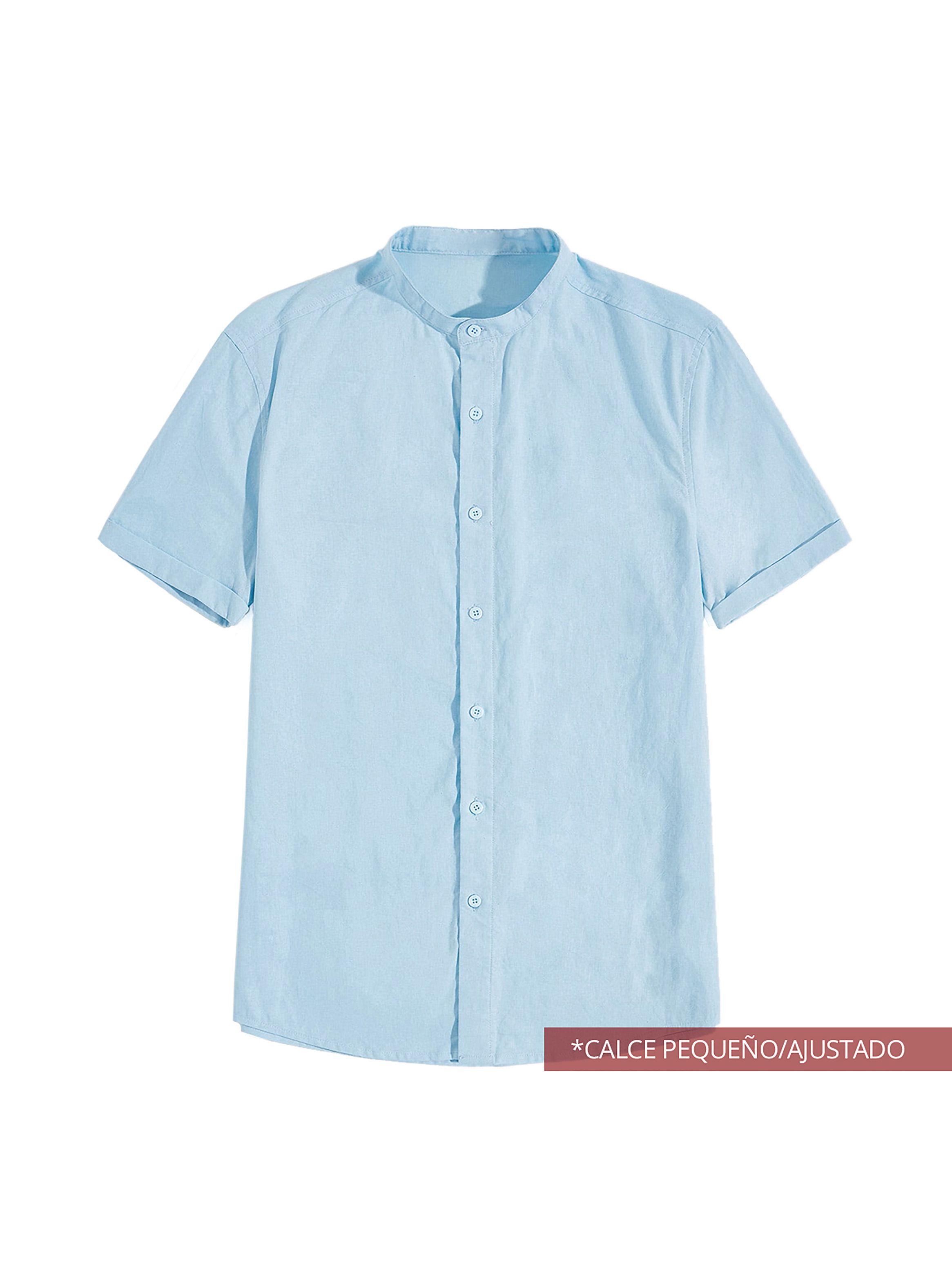 Camisa de Lino Manga Corta Hombre Cuello Mao Celeste-4