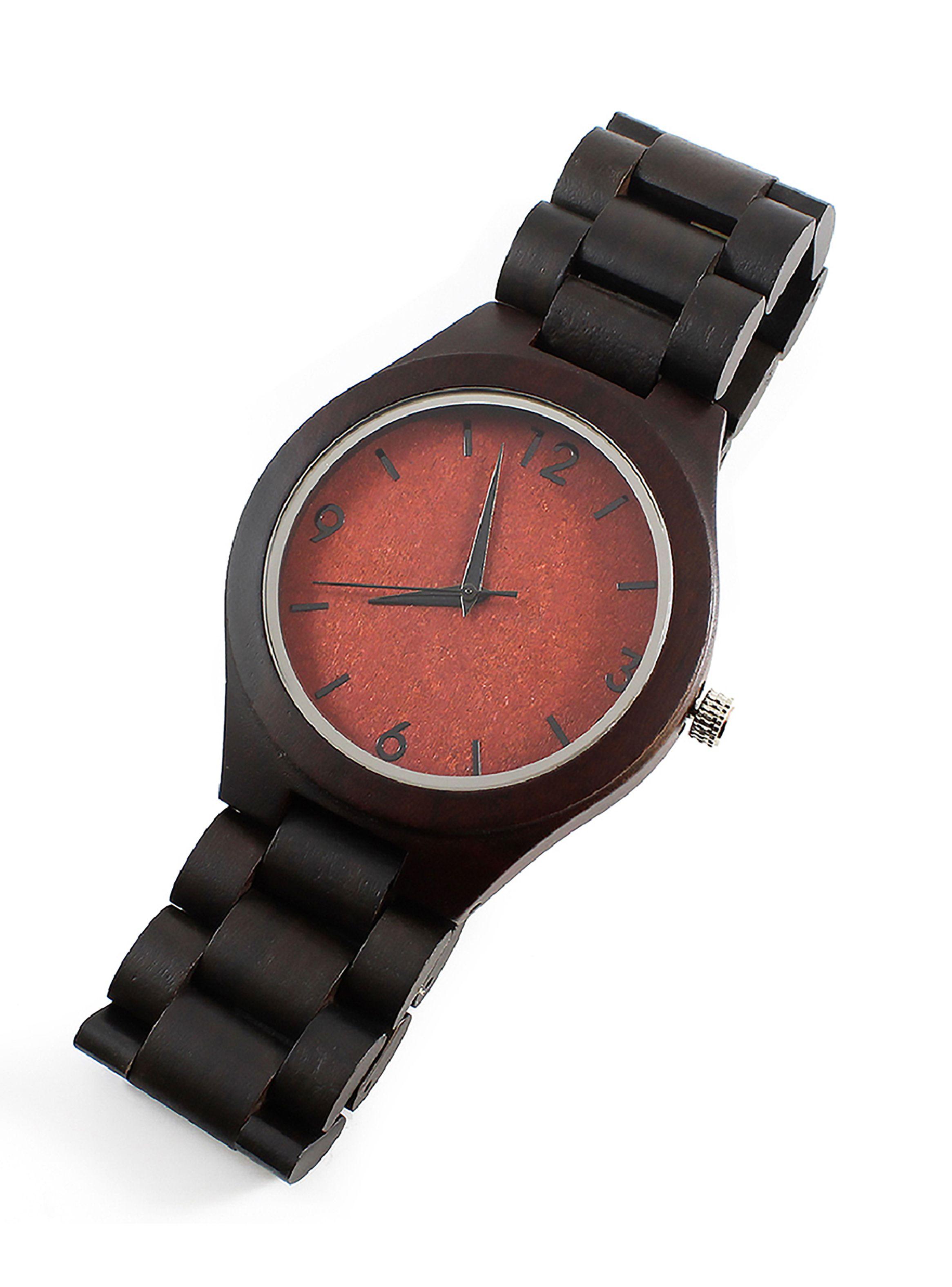 Reloj Hombre Análogo Correa Madera Negro Dial Naranja-0