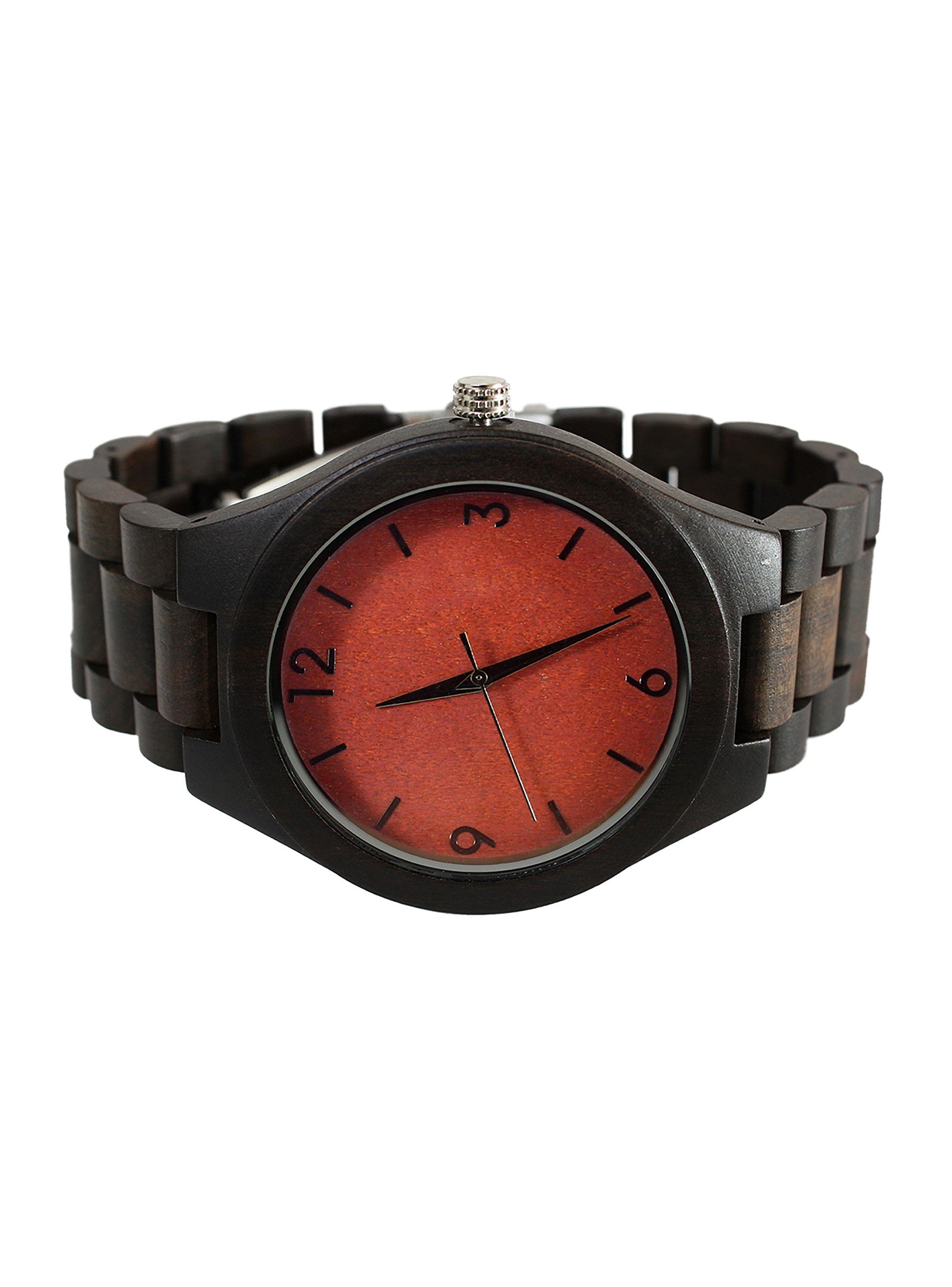 Reloj Hombre Análogo Correa Madera Negro Dial Naranja-4