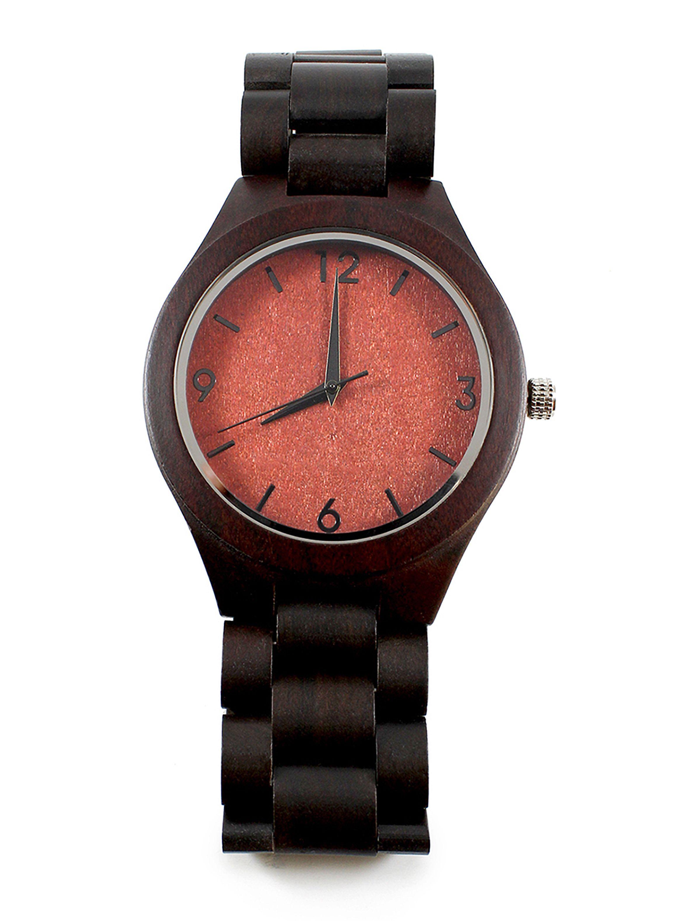 Reloj Hombre Análogo Correa Madera Negro Dial Naranja-5
