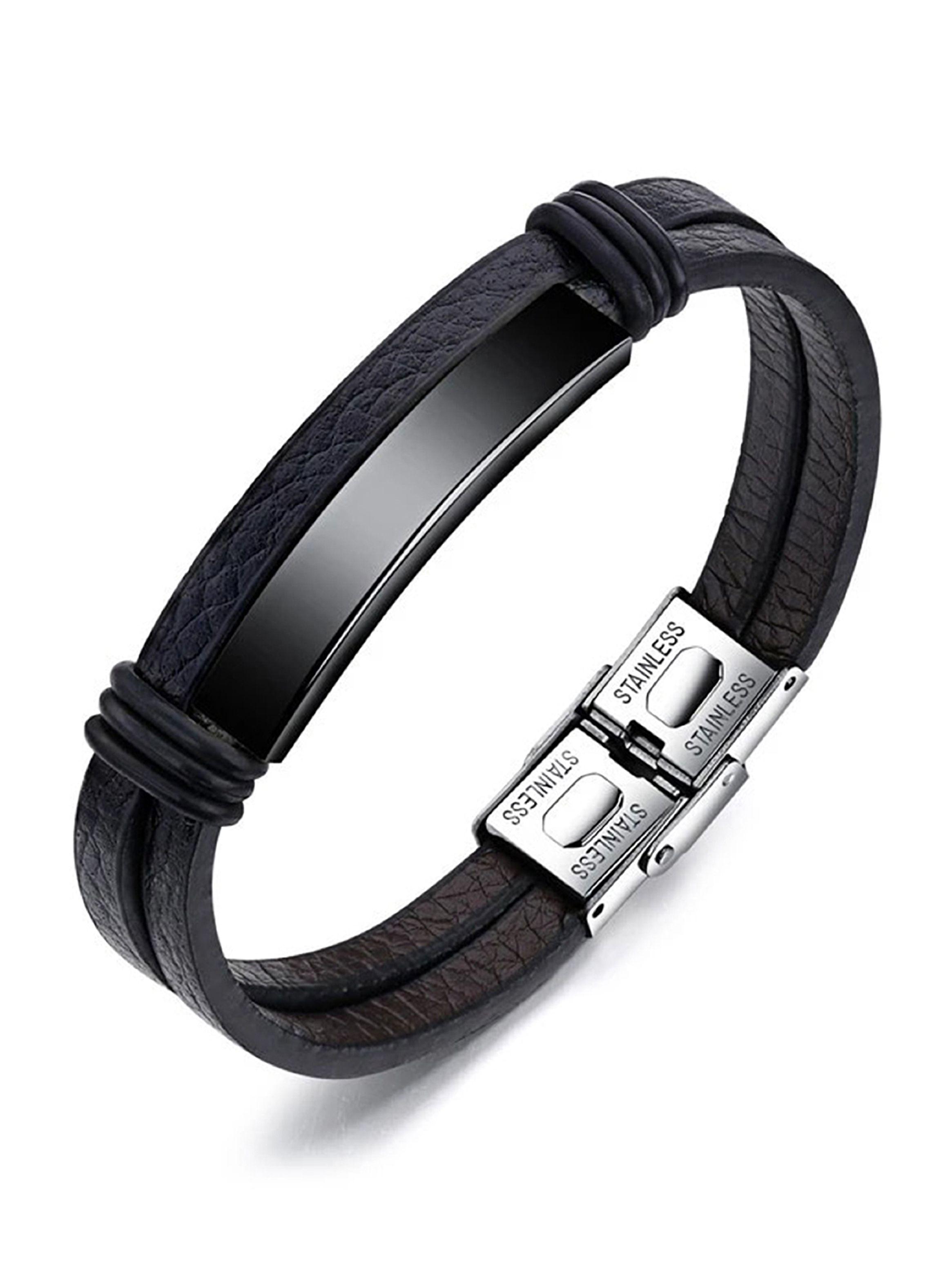 Pulsera Cuero Negro PU con Placa de Acero Negro-0