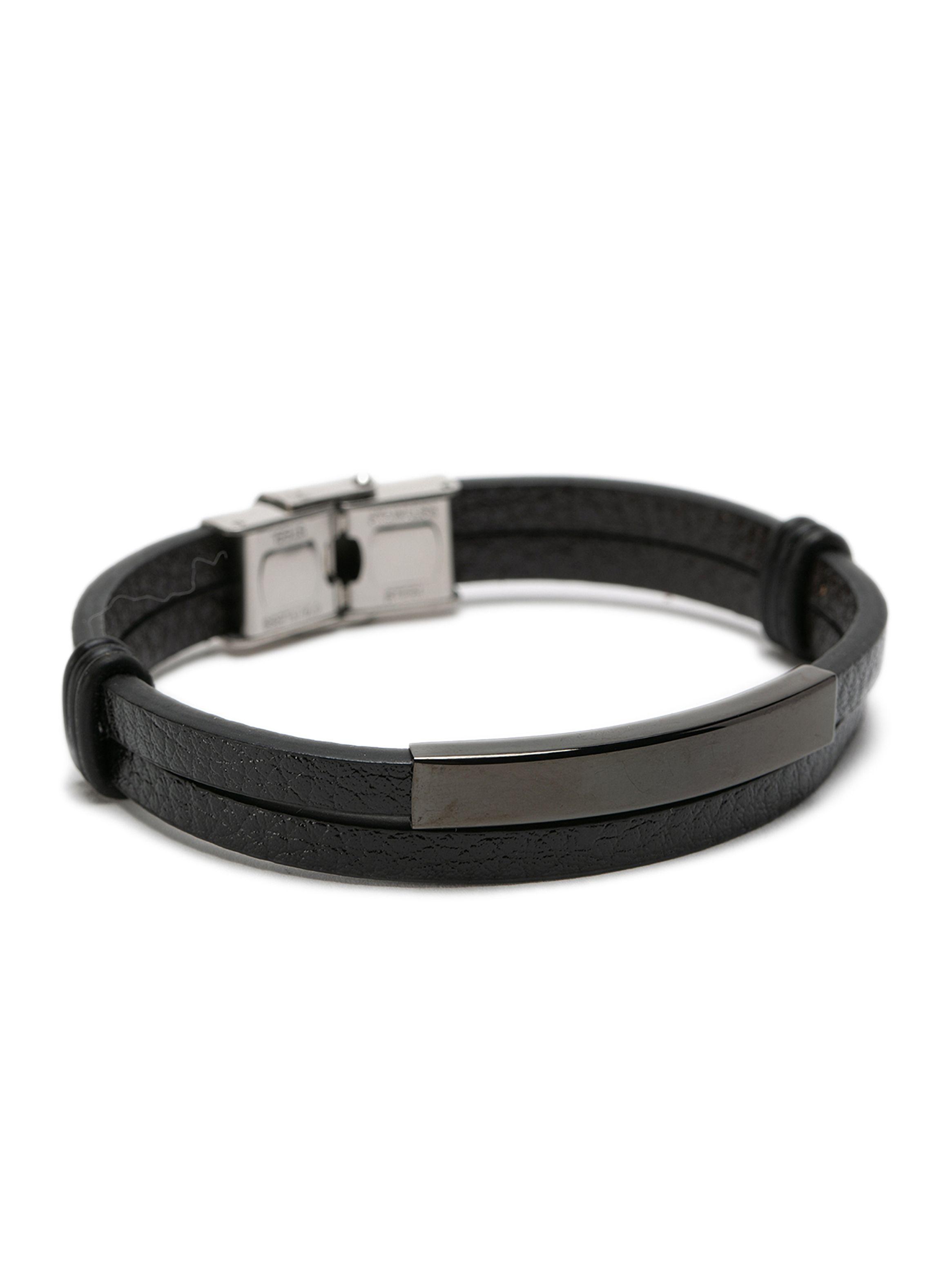Pulsera Cuero Negro PU con Placa de Acero Negro-1