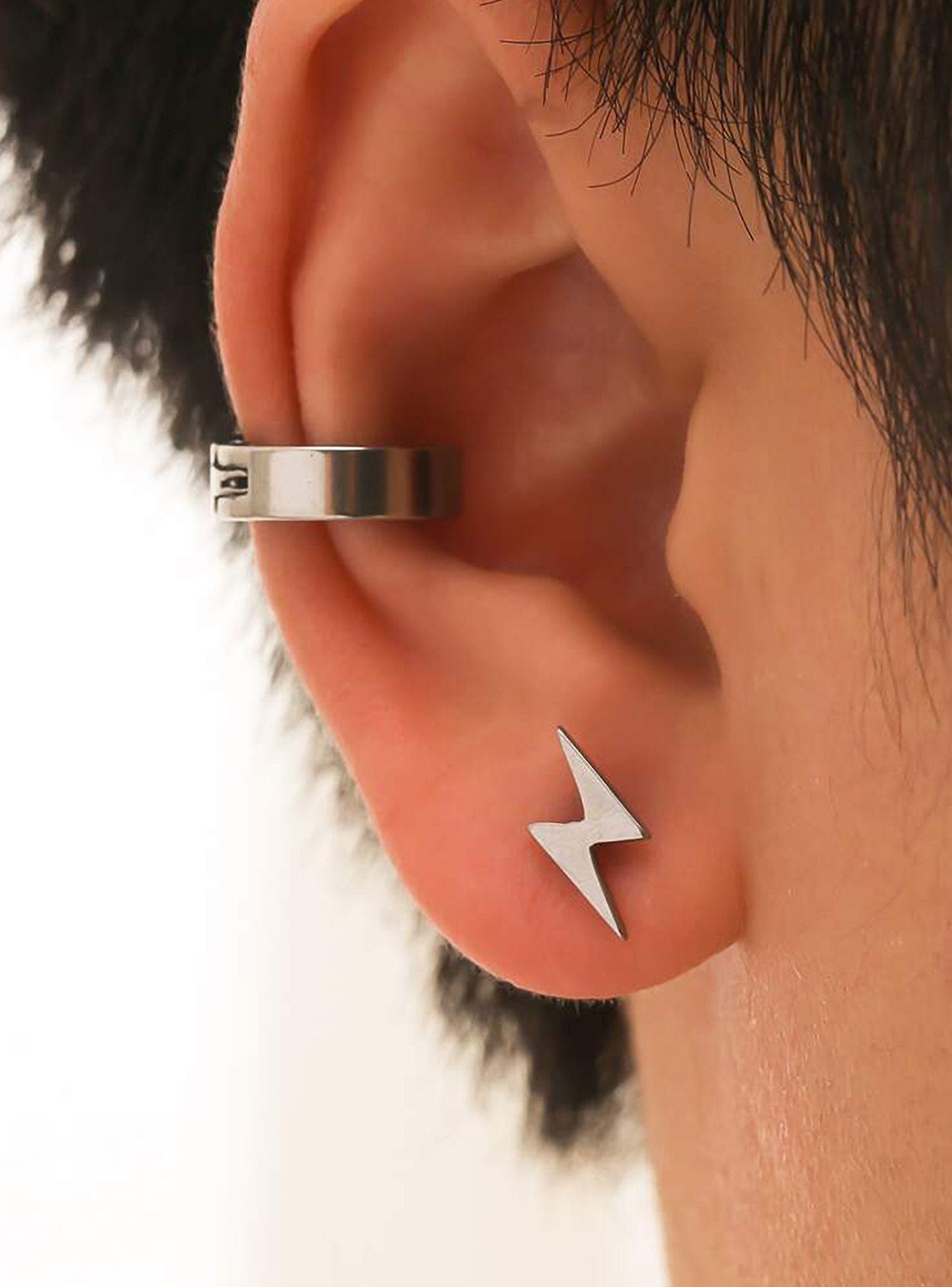Aros de Acero Unisex Aretes Oreja Diseño Rayo Plateados-4