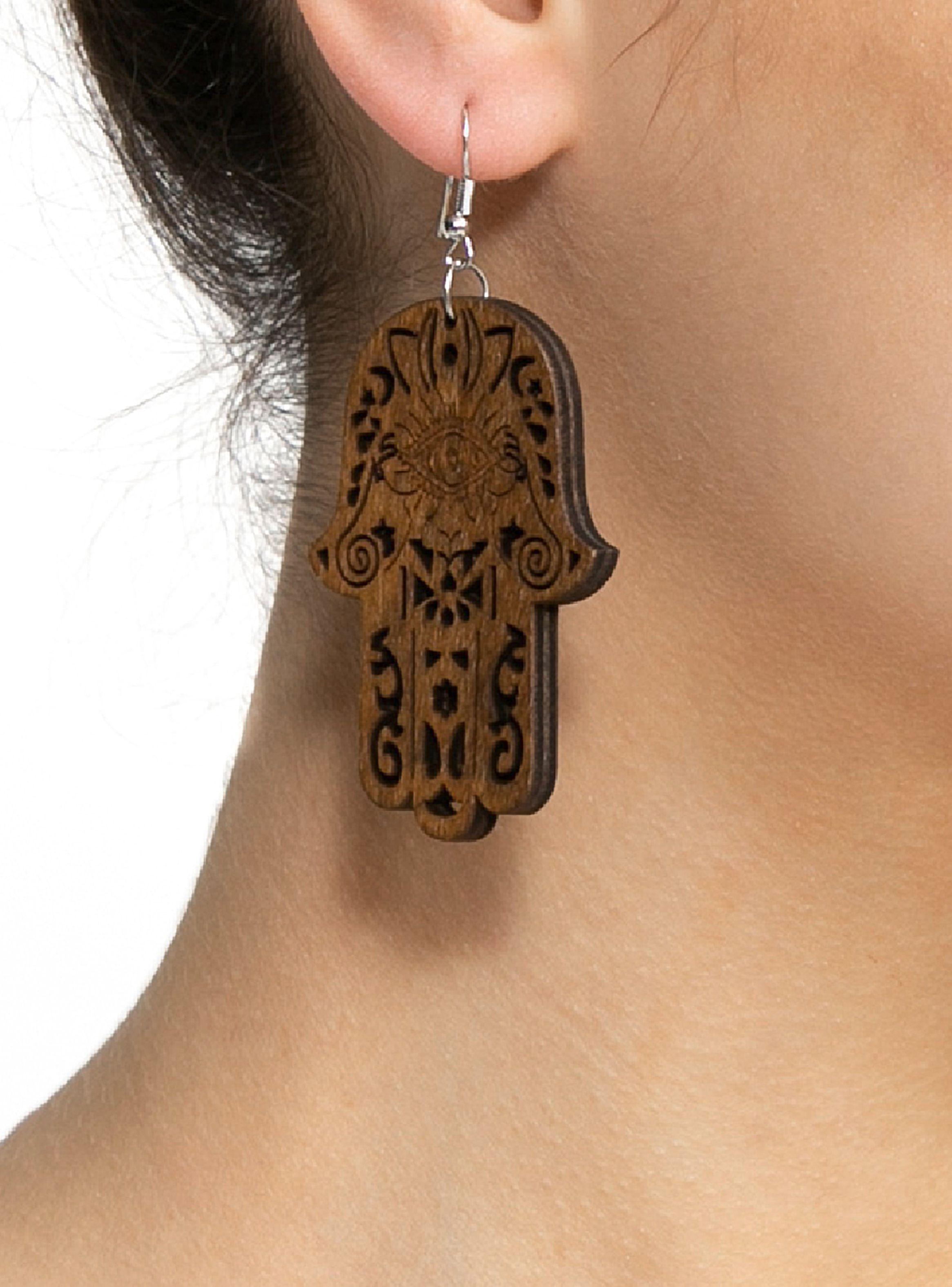 Aros Mujer Colgantes Madera Mano Hamsa Café-2