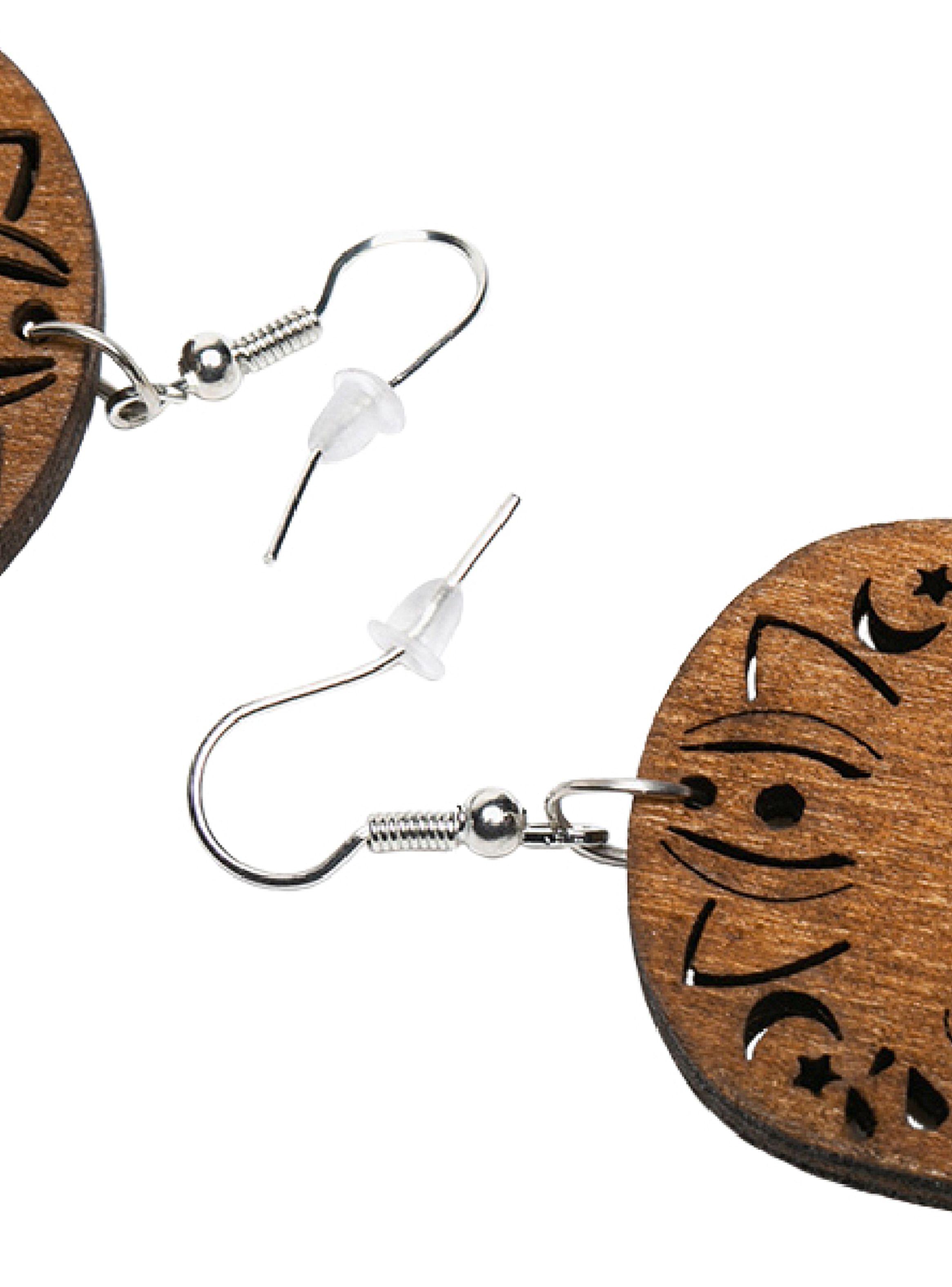 Aros Mujer Colgantes Madera Mano Hamsa Café-3