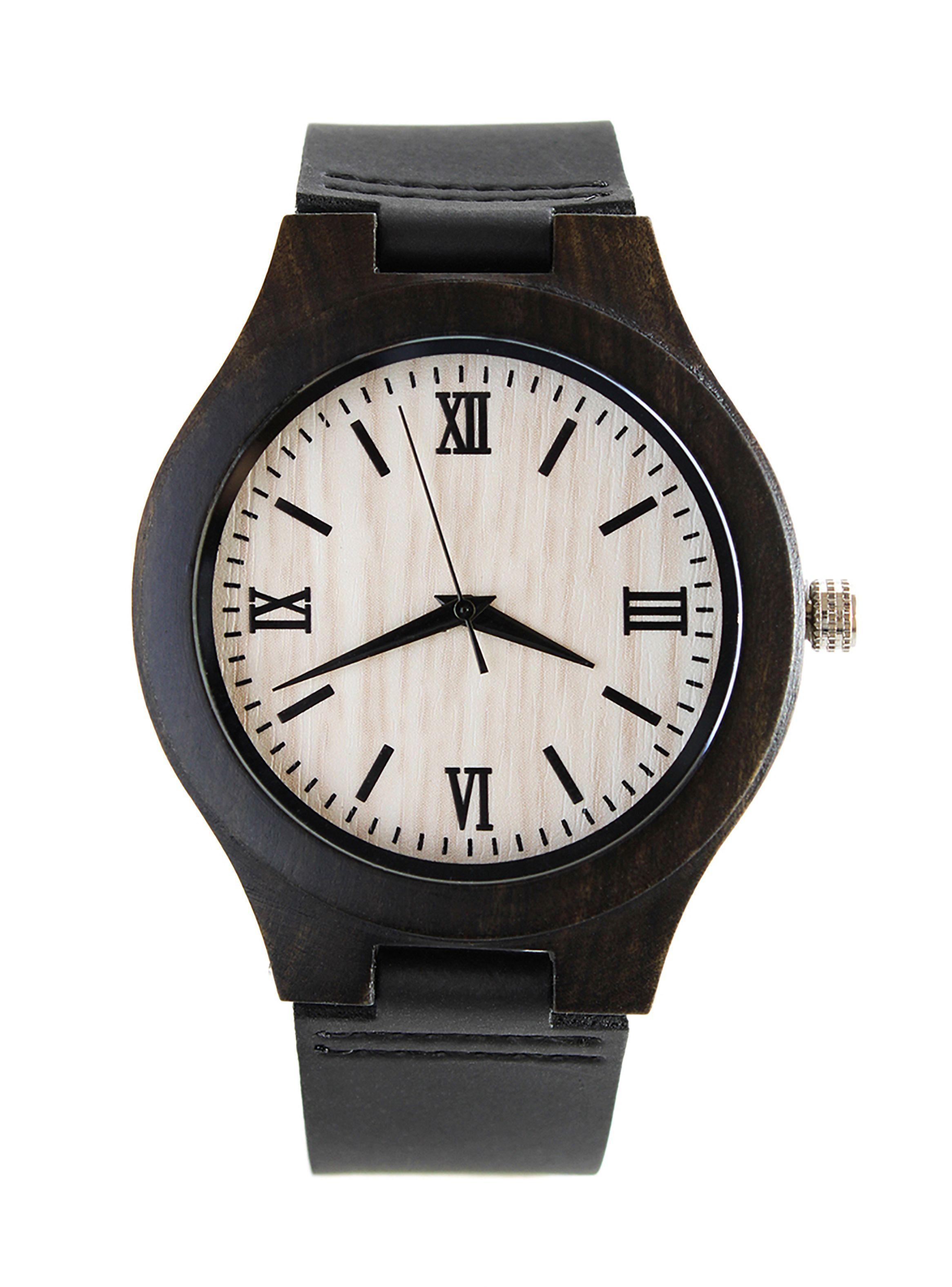 Reloj Madera Correa Cuero Negro Número Romanos-0