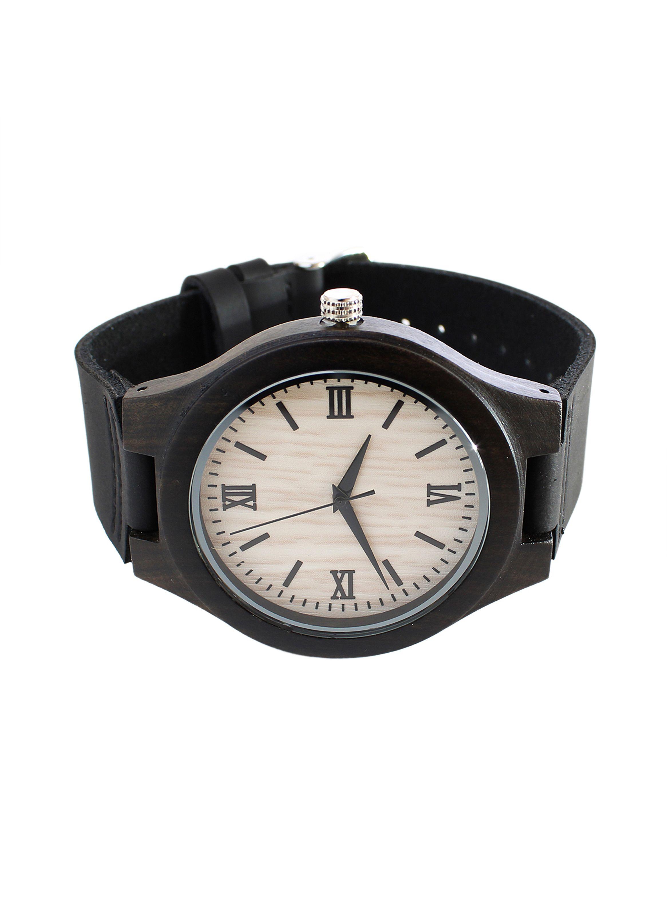 Reloj Madera Correa Cuero Negro Número Romanos-2