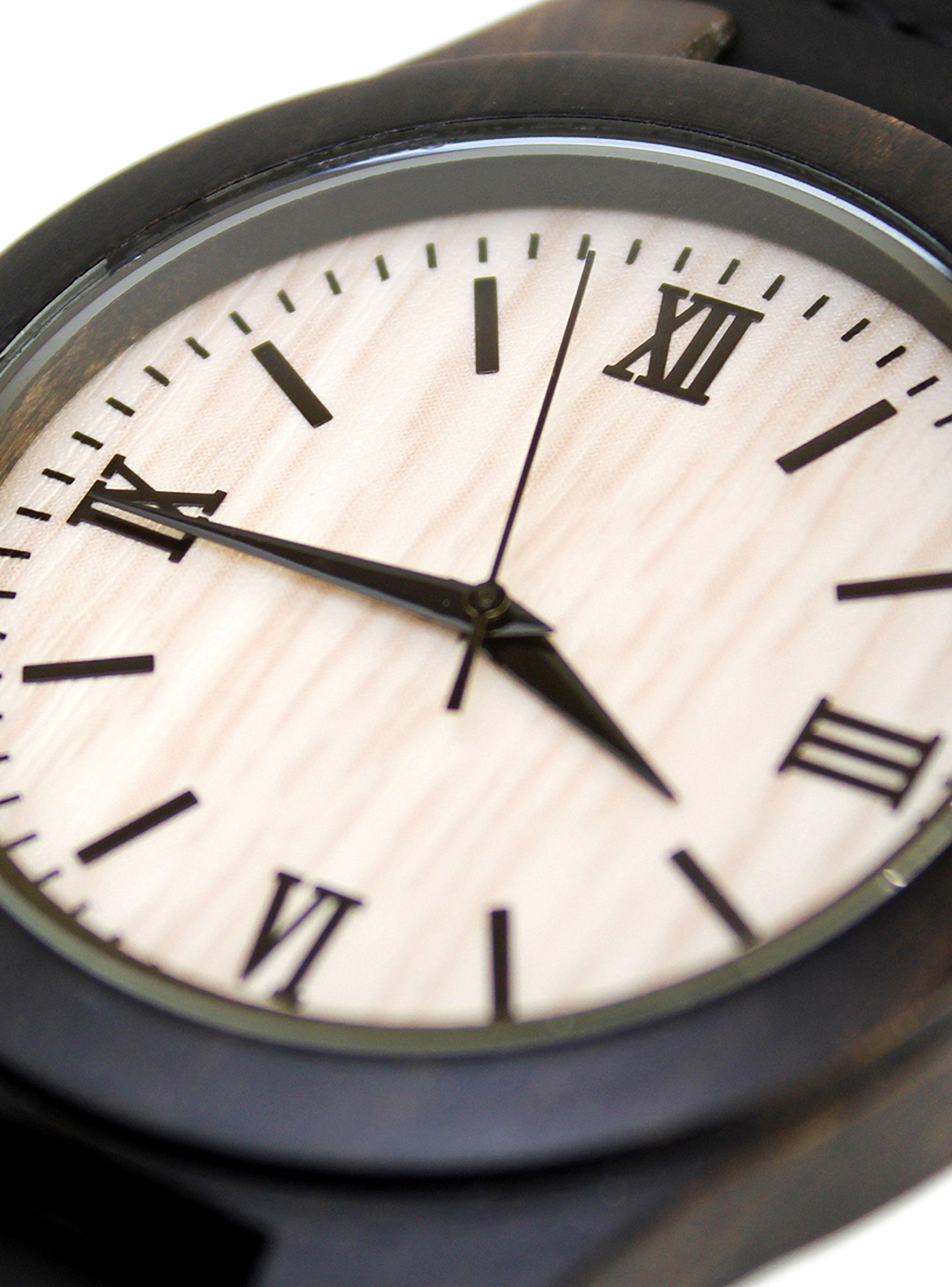 Reloj Madera Correa Cuero Negro Número Romanos-3