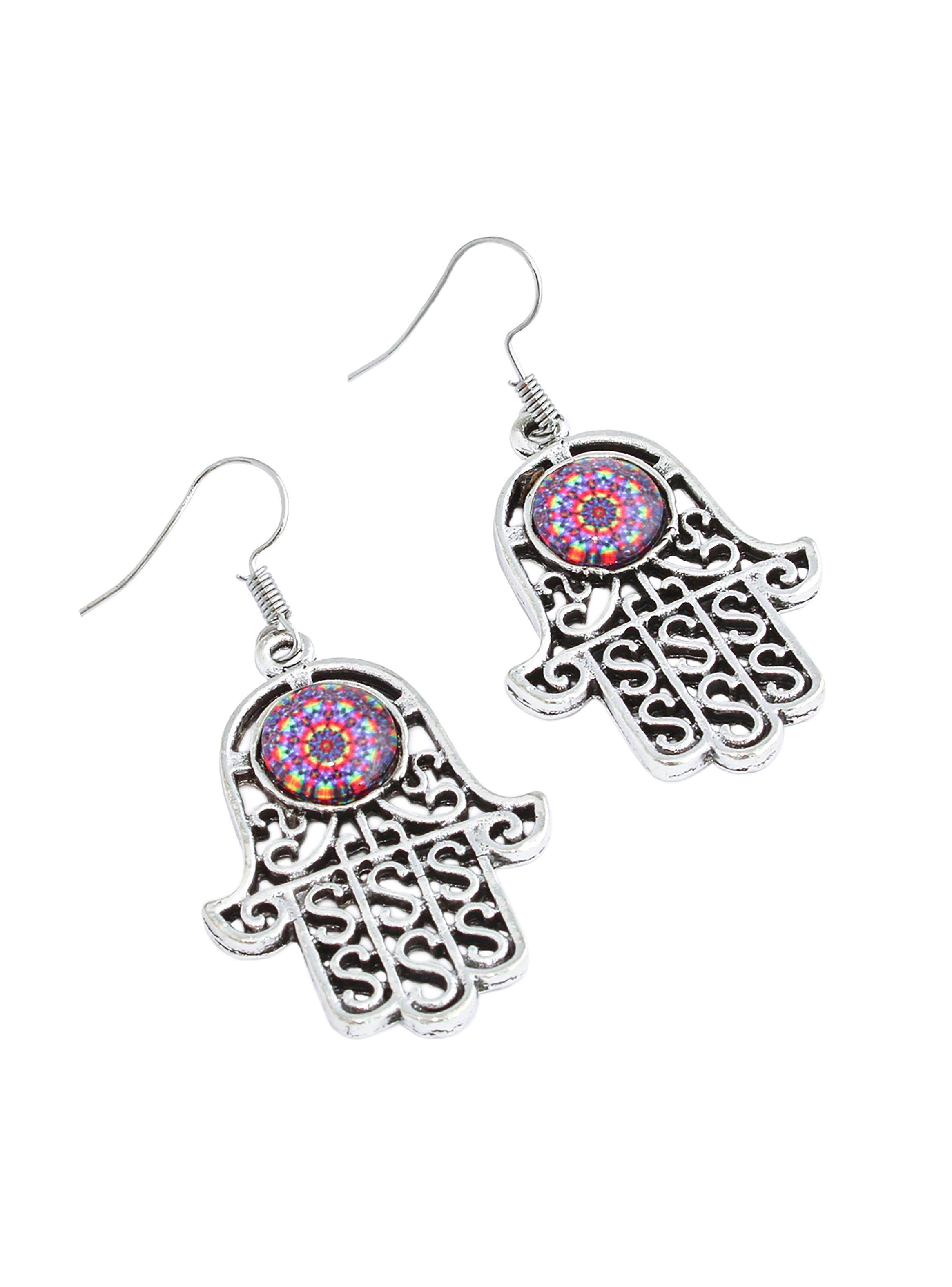 Aretes Mujer Mandala Morado Mano Protectora Fatima-0