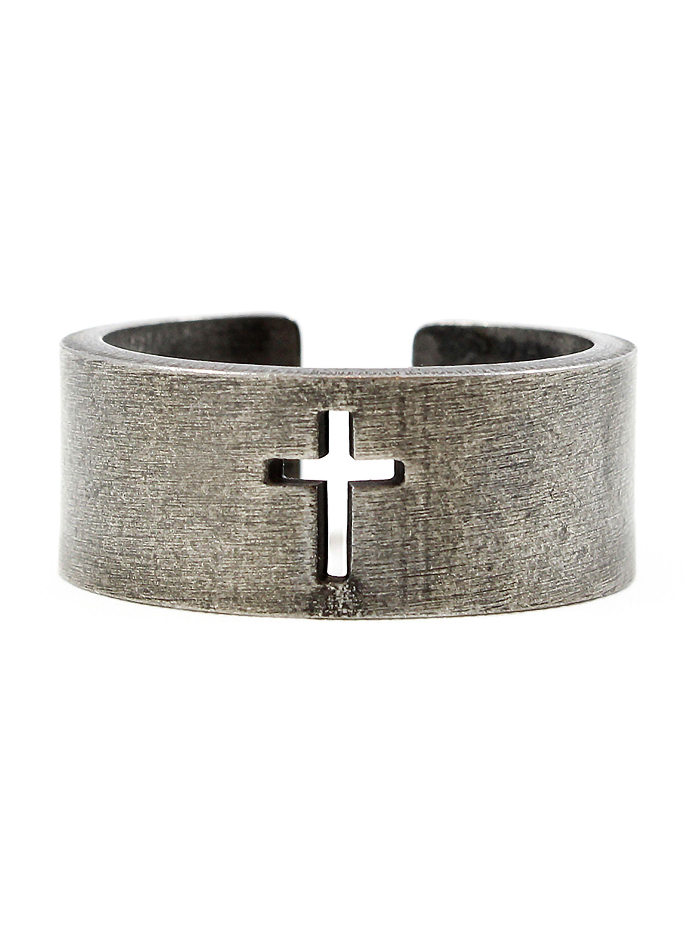 Anillo de Acero Plateado Envejecido con Cruz Hueca Talla 9-1