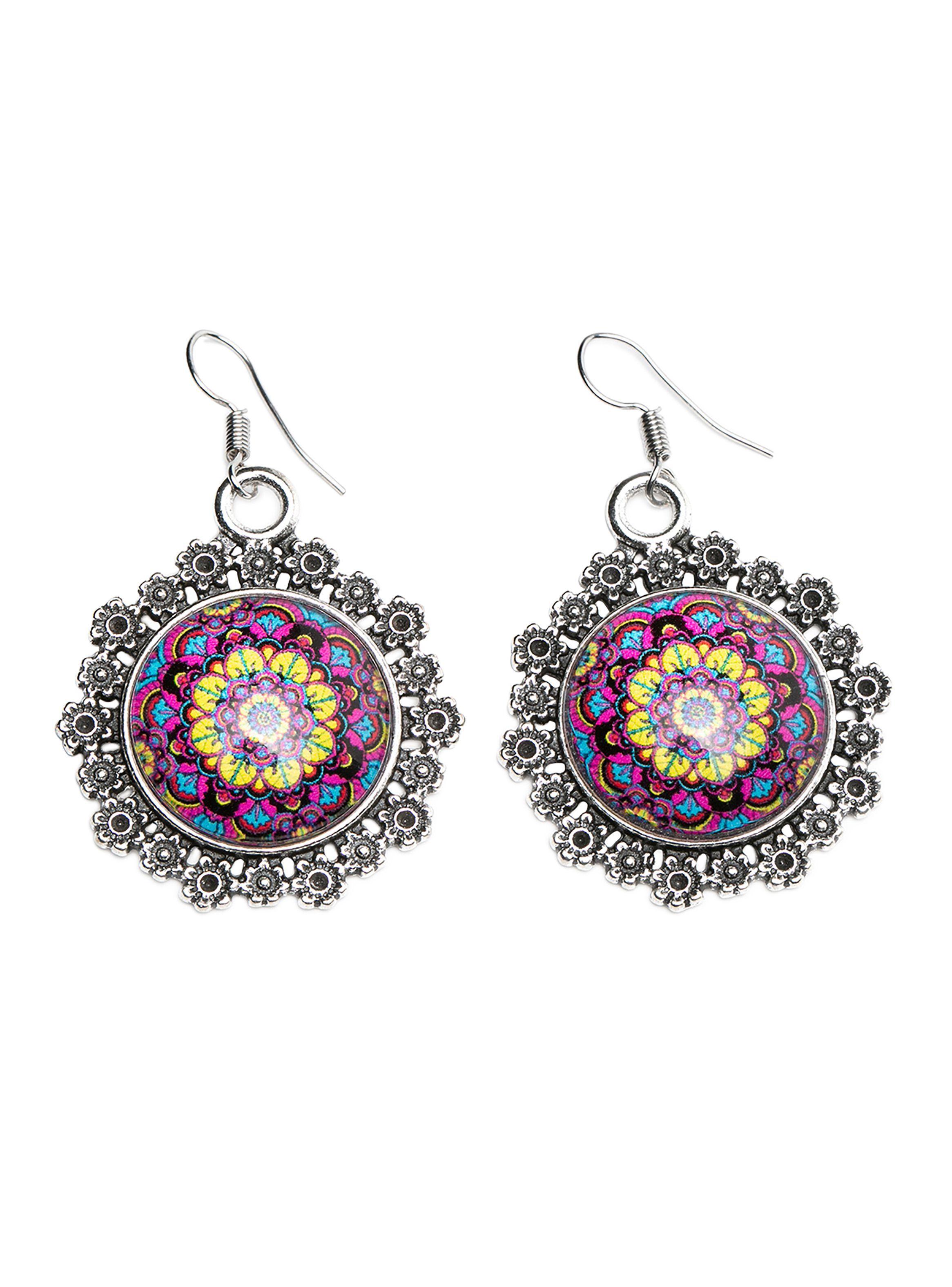 Aretes Mandala Magenta Acero Inoxidable Mujer-0