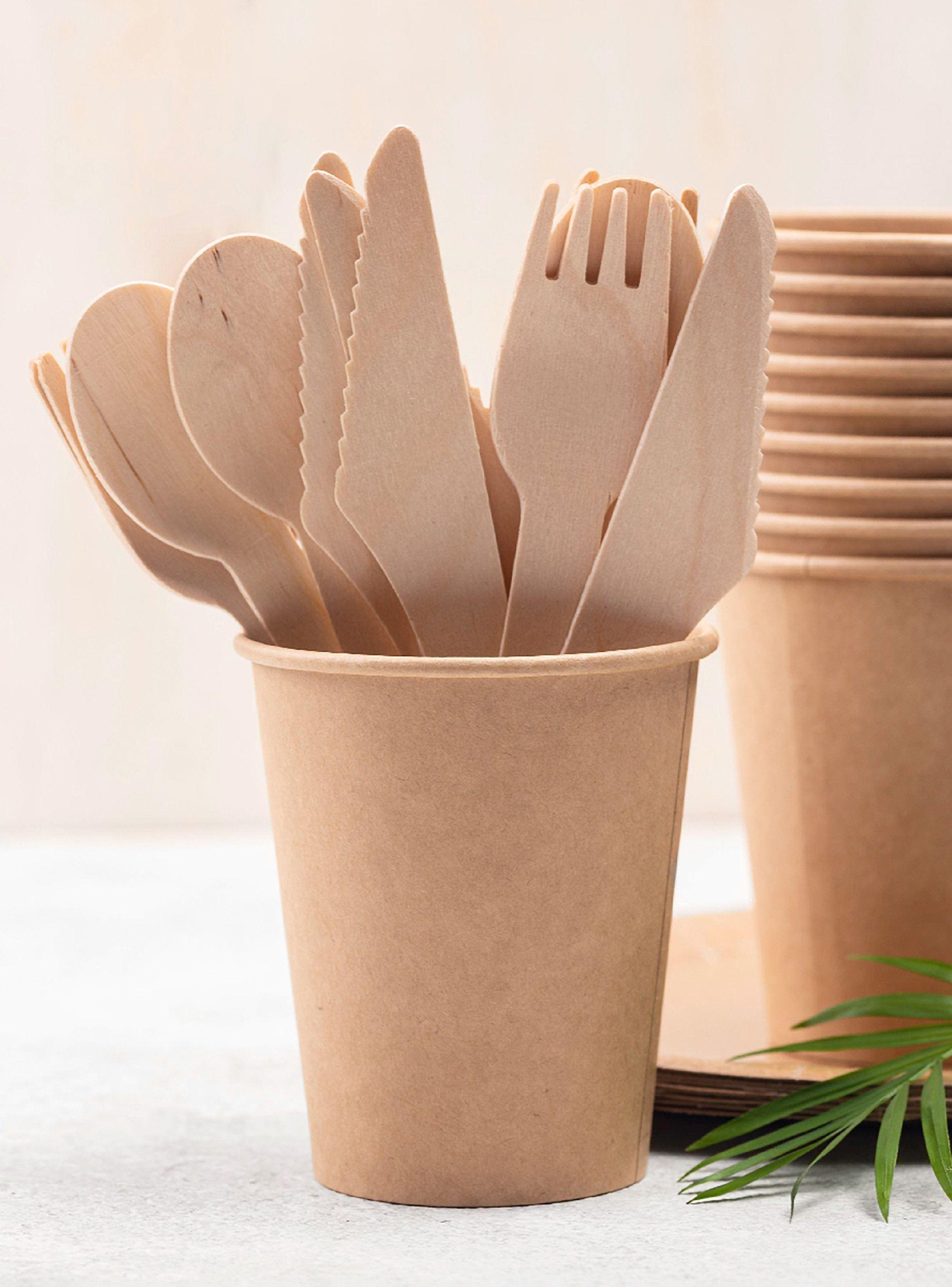 100 Tenedores Desechables Bambú Cubiertos Madera Ecológico-5