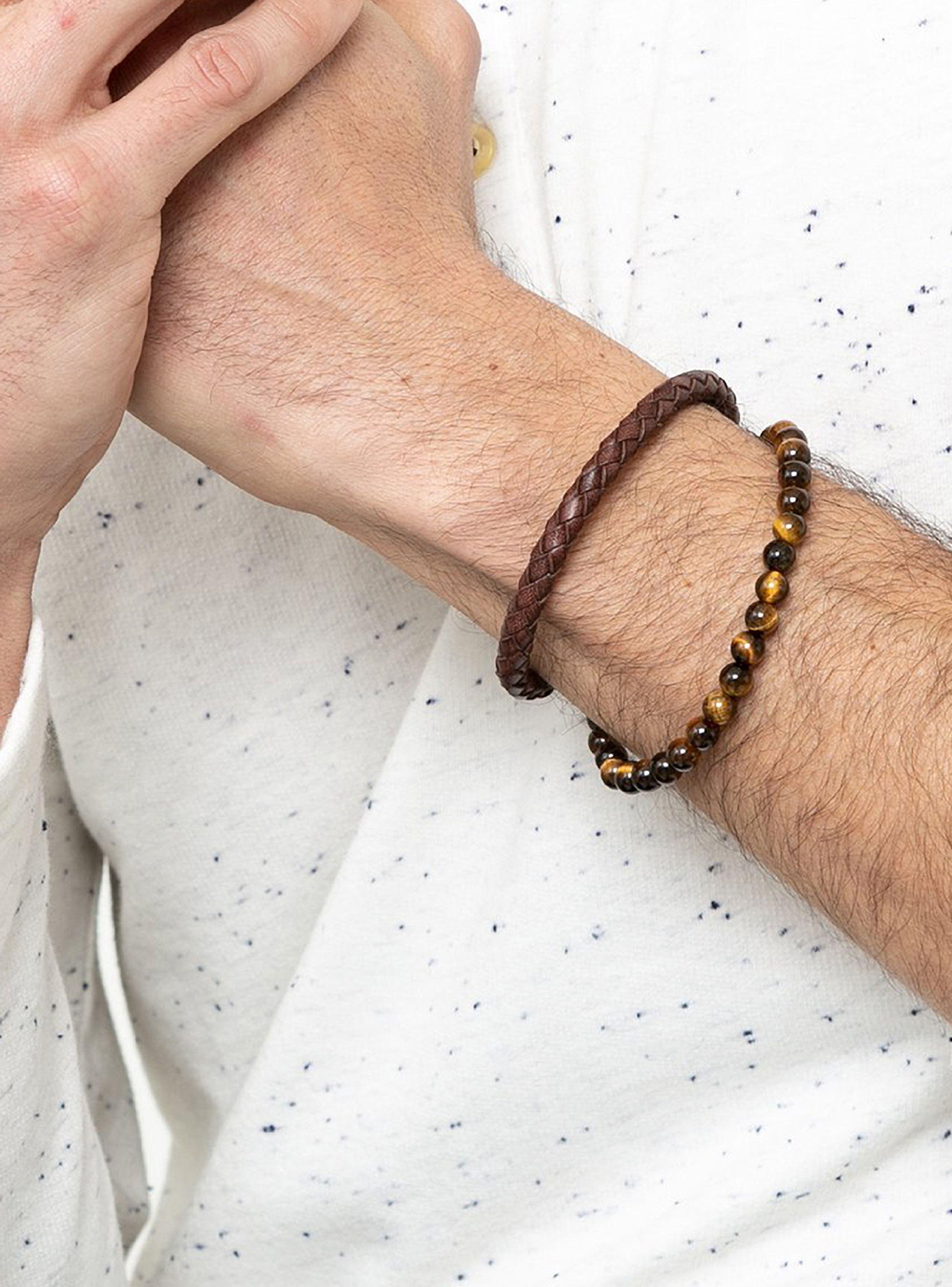 Pulsera De Piedra Cuero Café Ojo Tigre Hombre-3