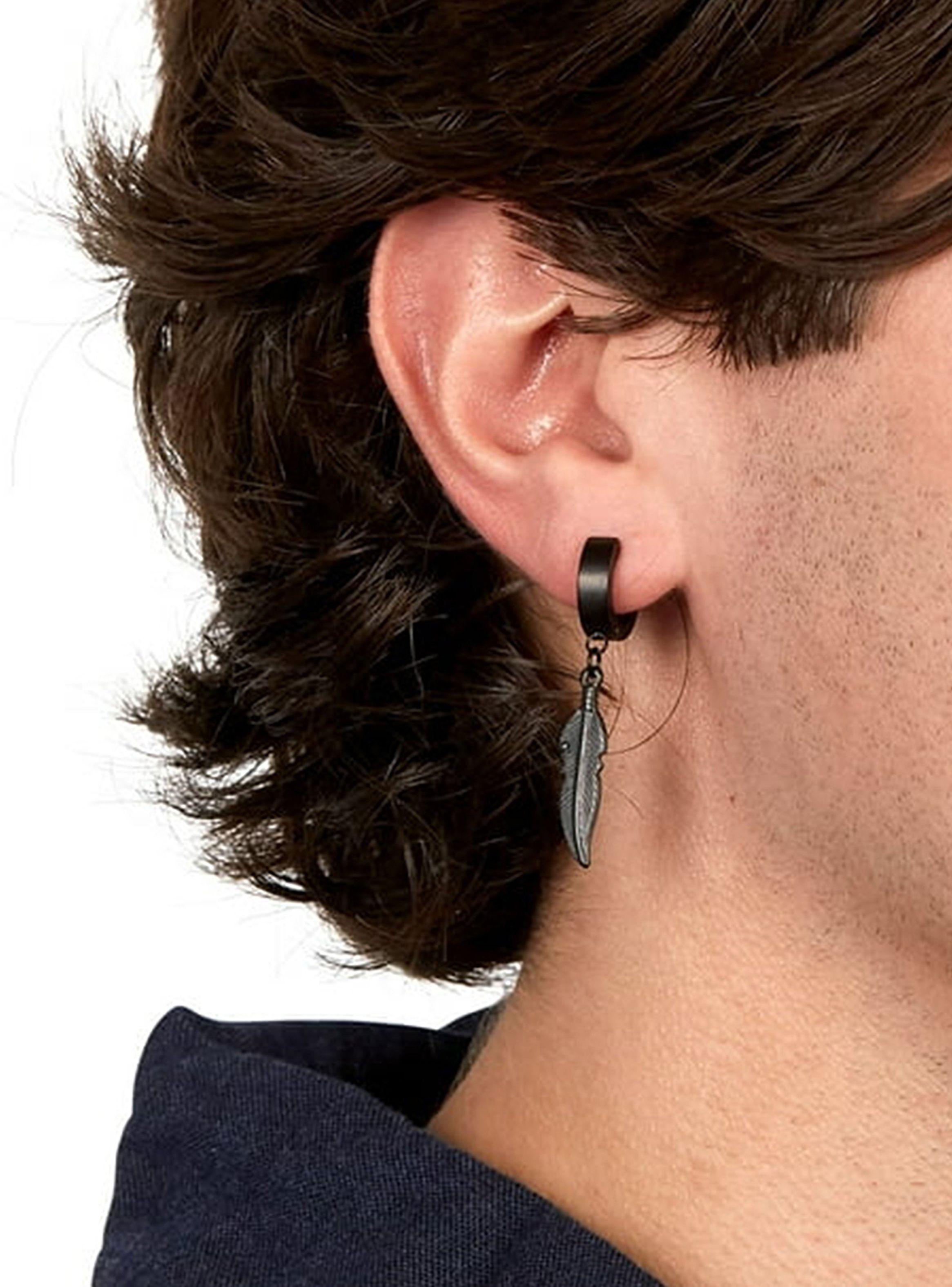 Aro Argolla Huggie Acero Negro con Pluma-2