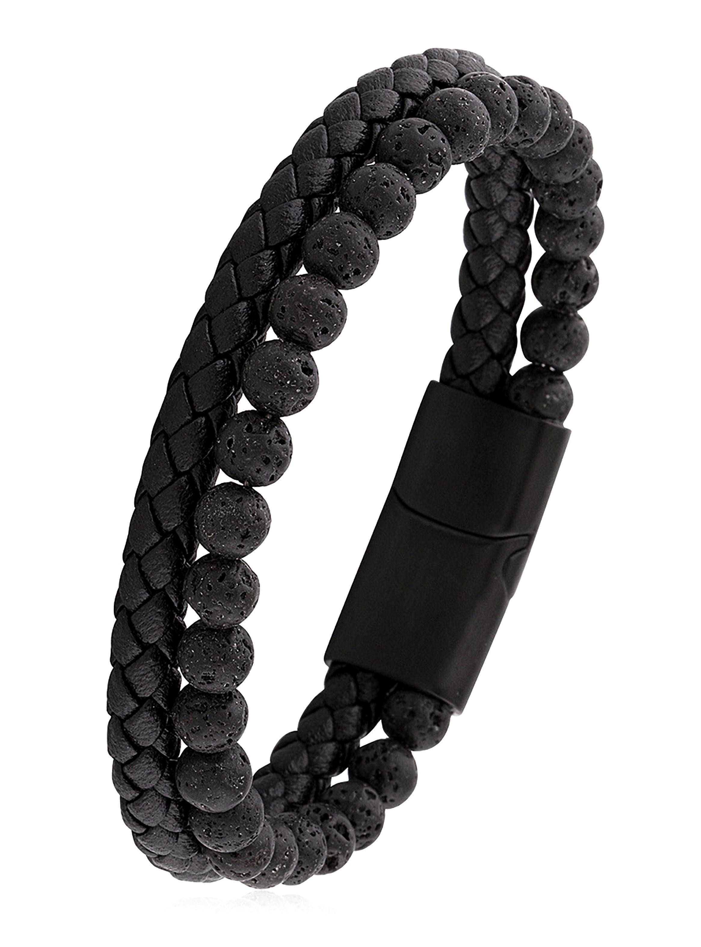 Pulseras Hombre Cuero PU Negro con Piedra Volcánica-1