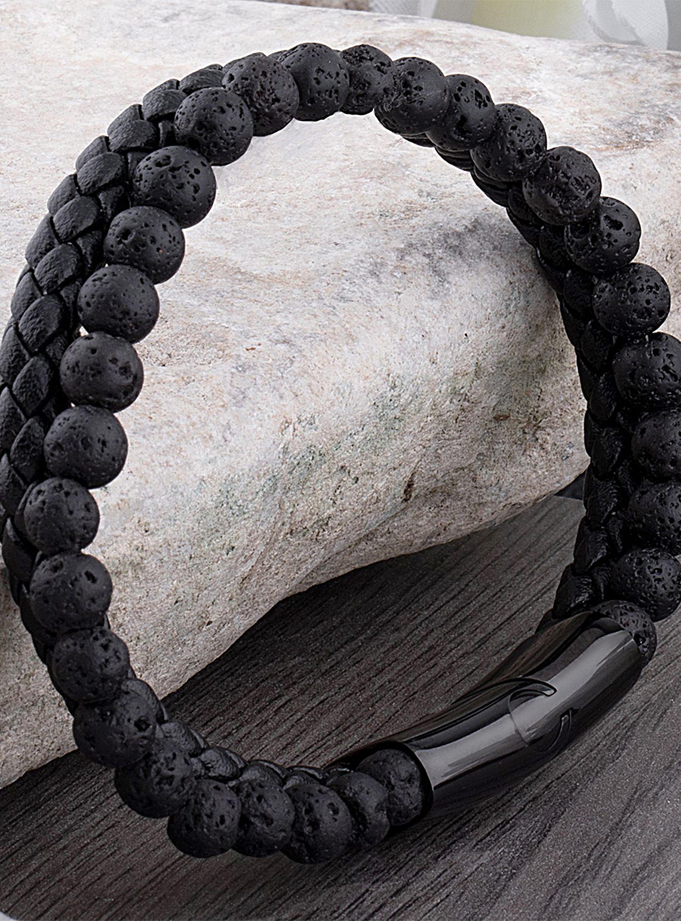 Pulseras Hombre Cuero PU Negro con Piedra Volcánica-4