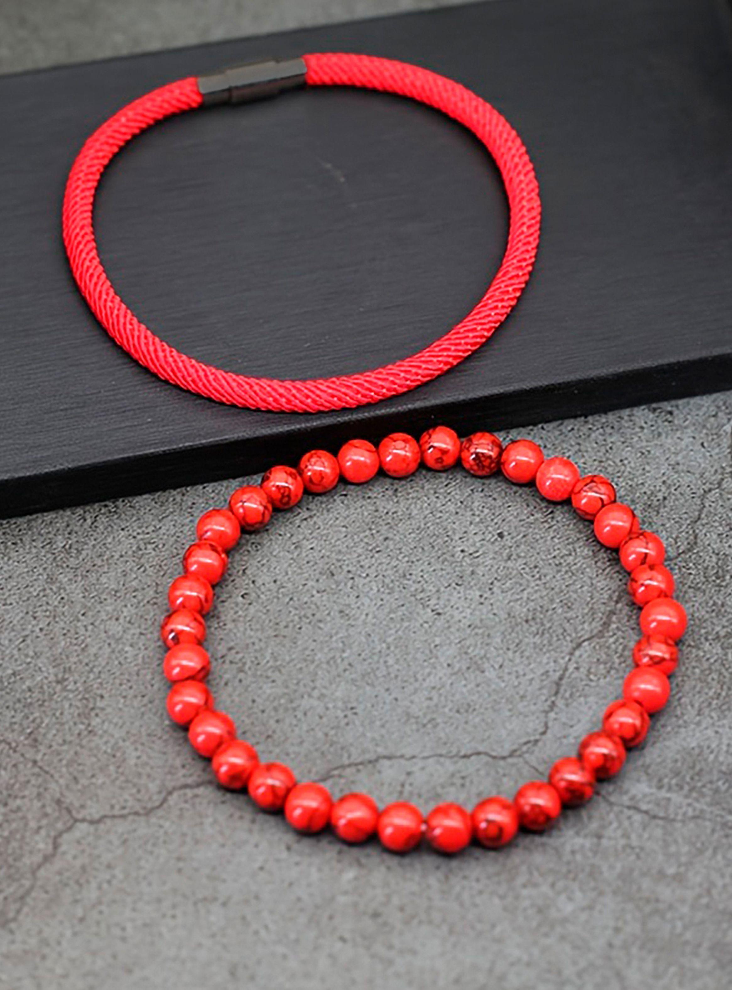 Pulseras Rojas Cordón con Broche y Pulsera Howlita Elástica-6