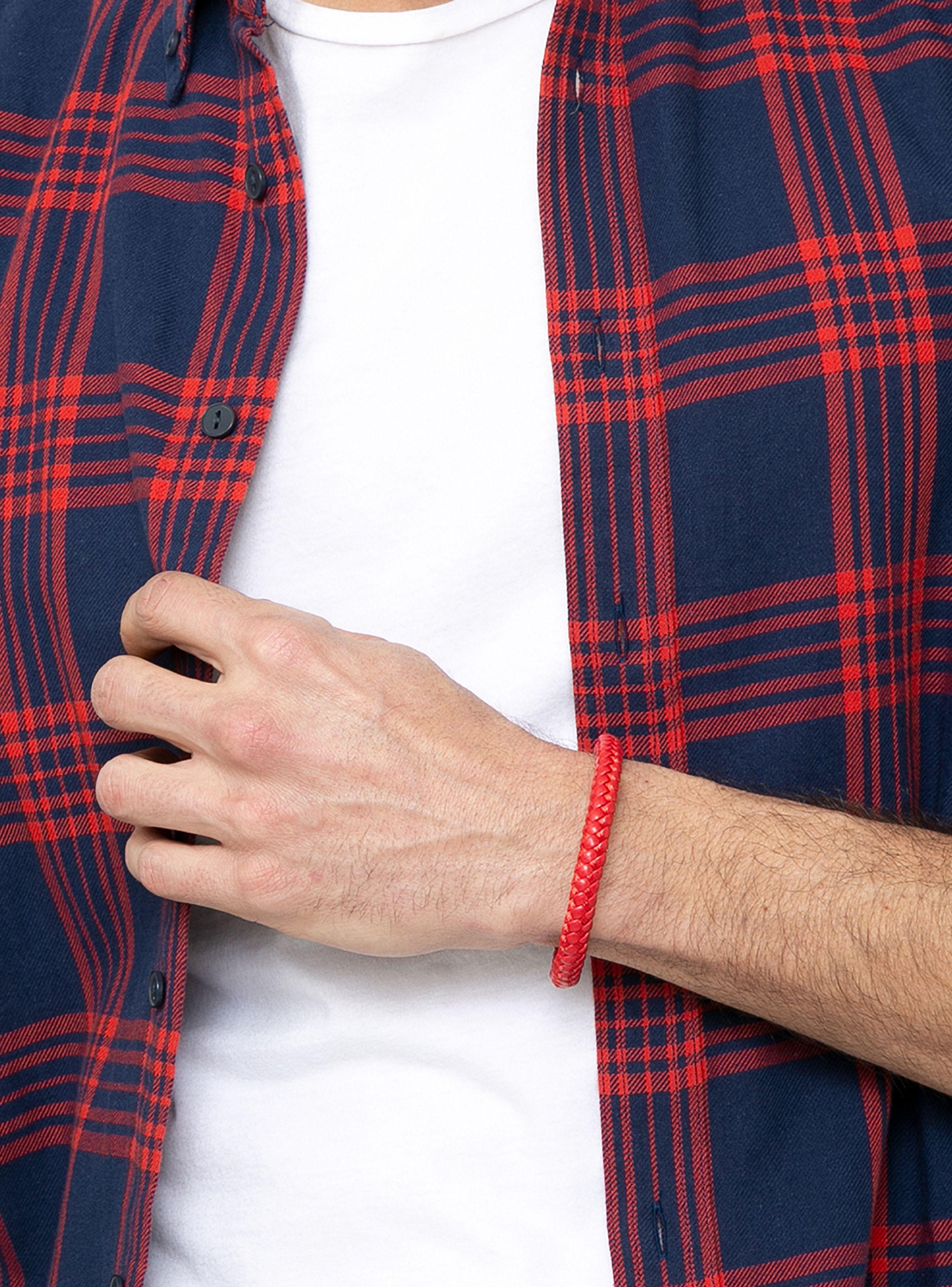 Pulsera de Hombre Cuero Rojo con Hilo Entretejido-1