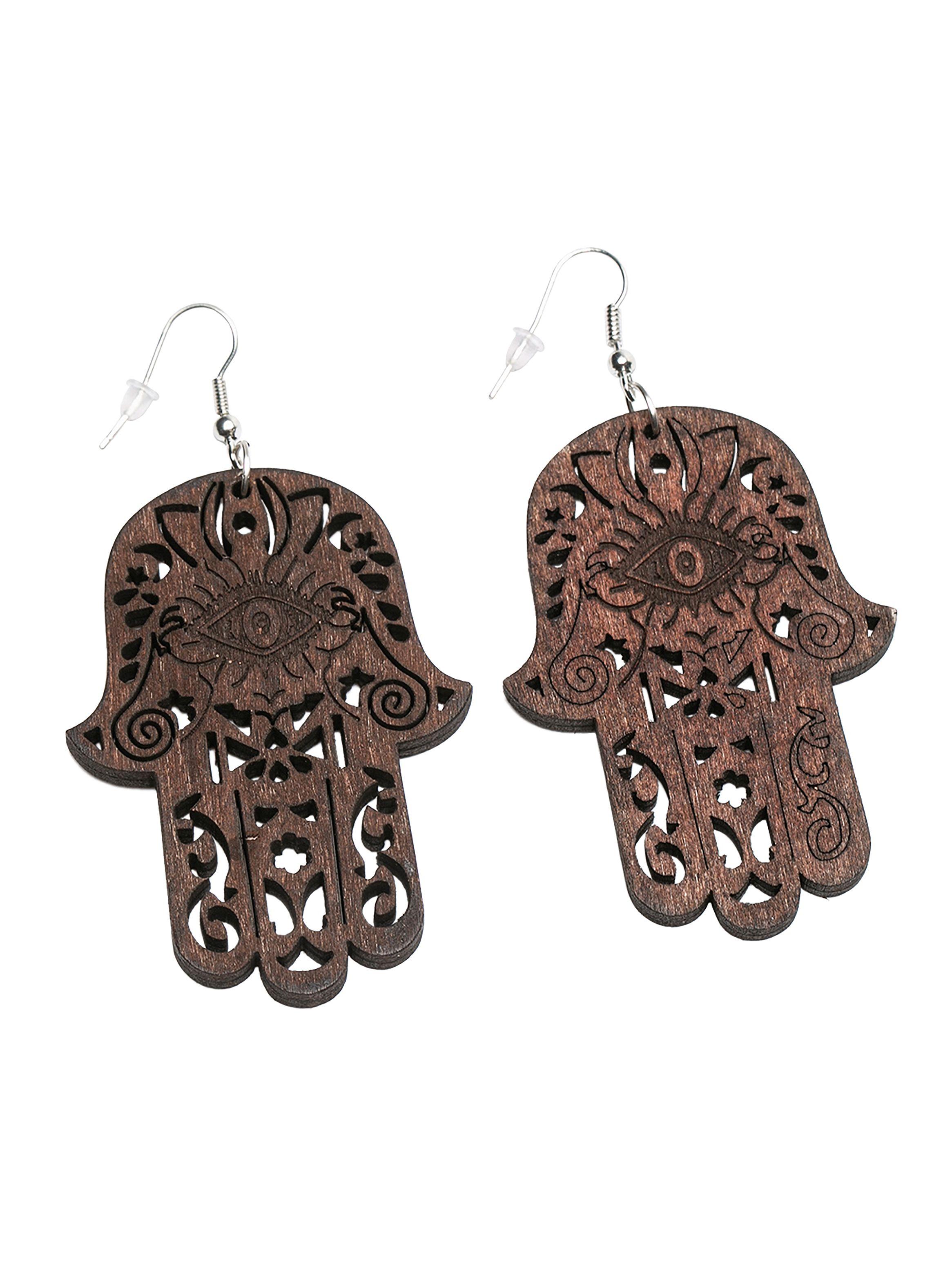 Aros Mujer Colgantes Madera Mano Hamsa Marrón-0