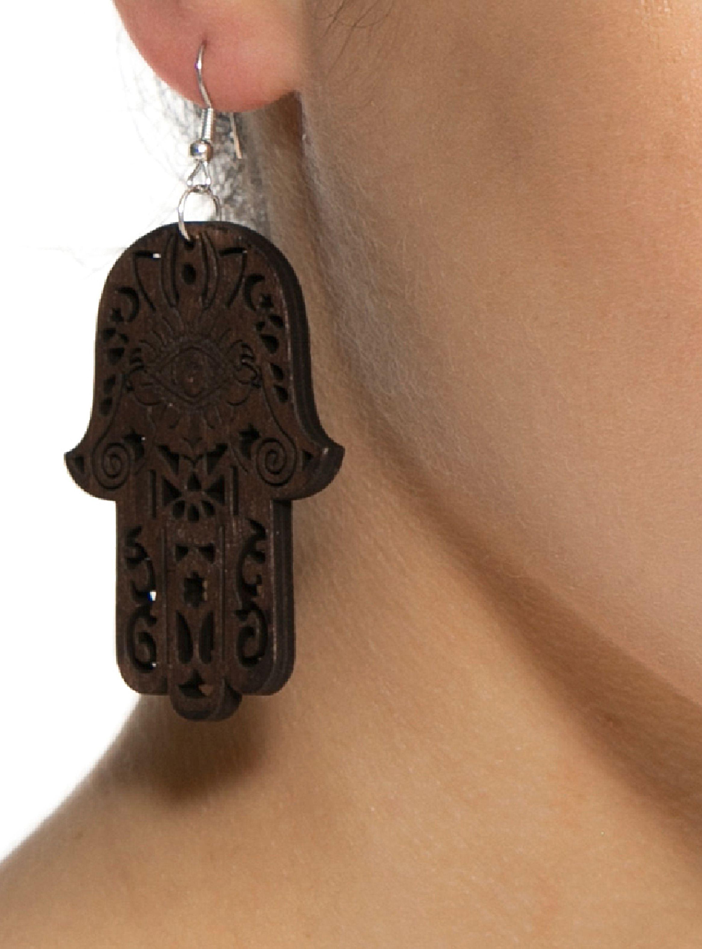 Aros Mujer Colgantes Madera Mano Hamsa Marrón-2