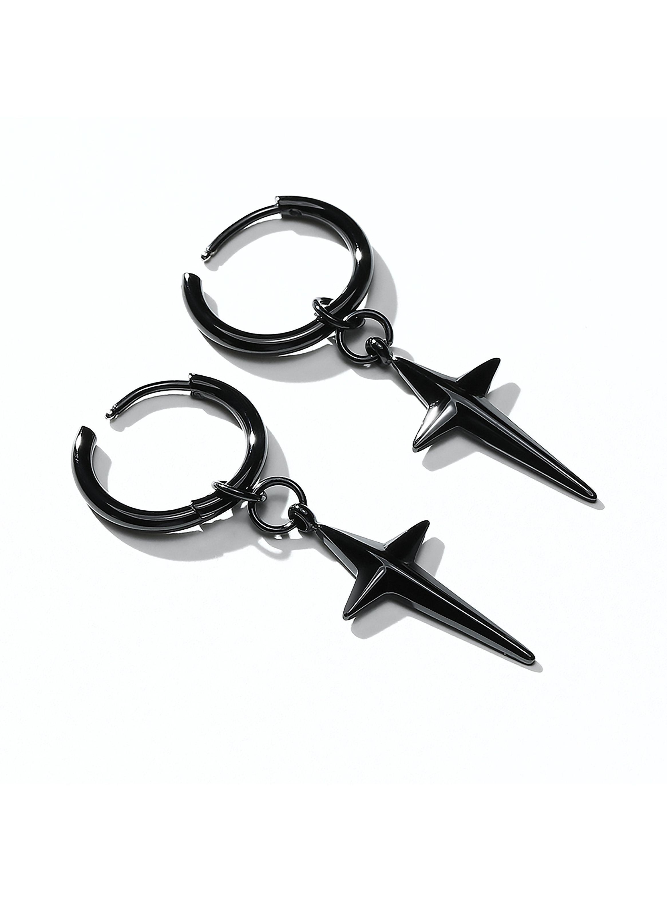 Aro Solitario Acero Argolla con Estrella Colgante Negro-3