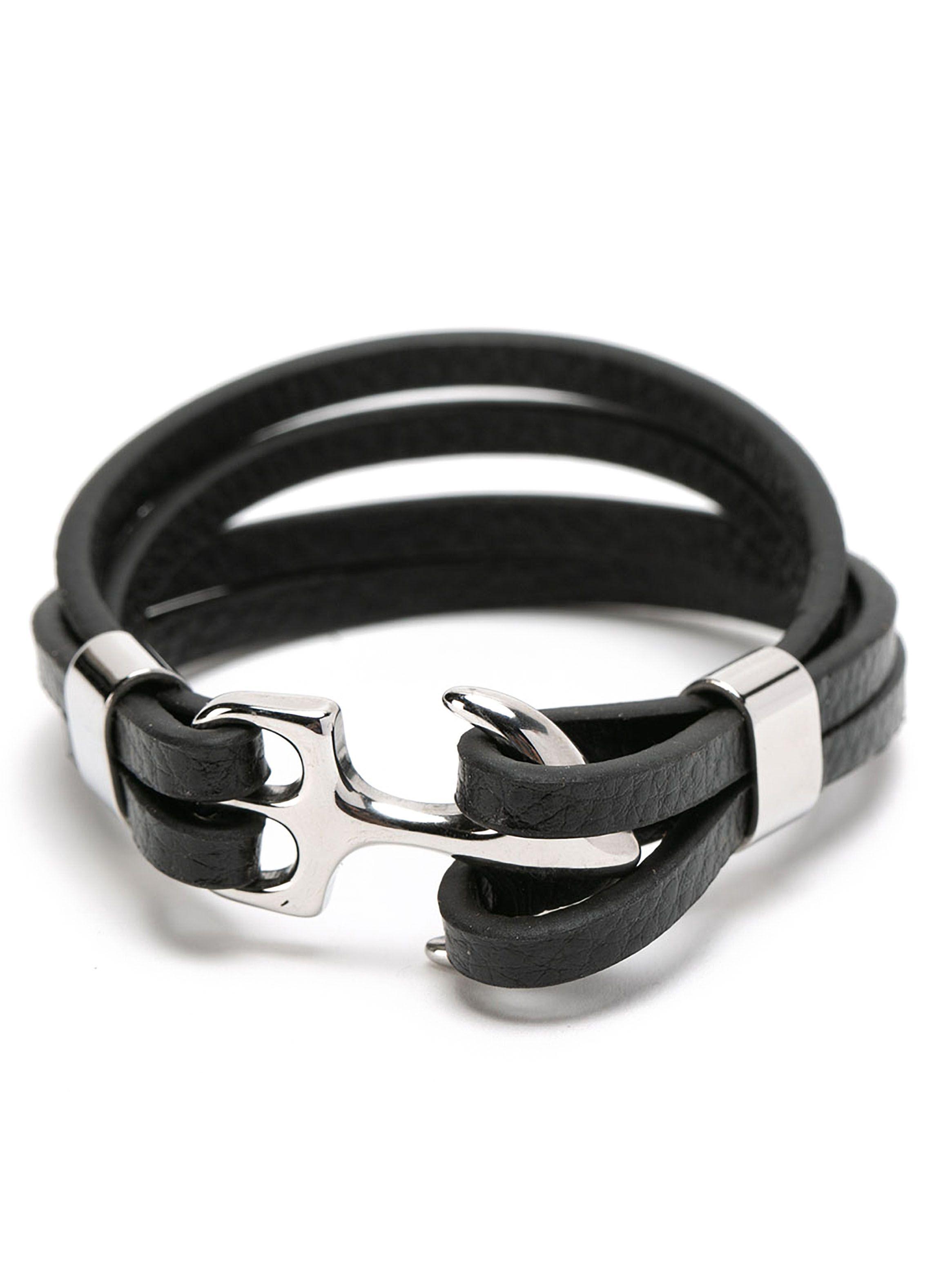 Pulsera De Ancla Cuero Negro Plateado Hombre-0