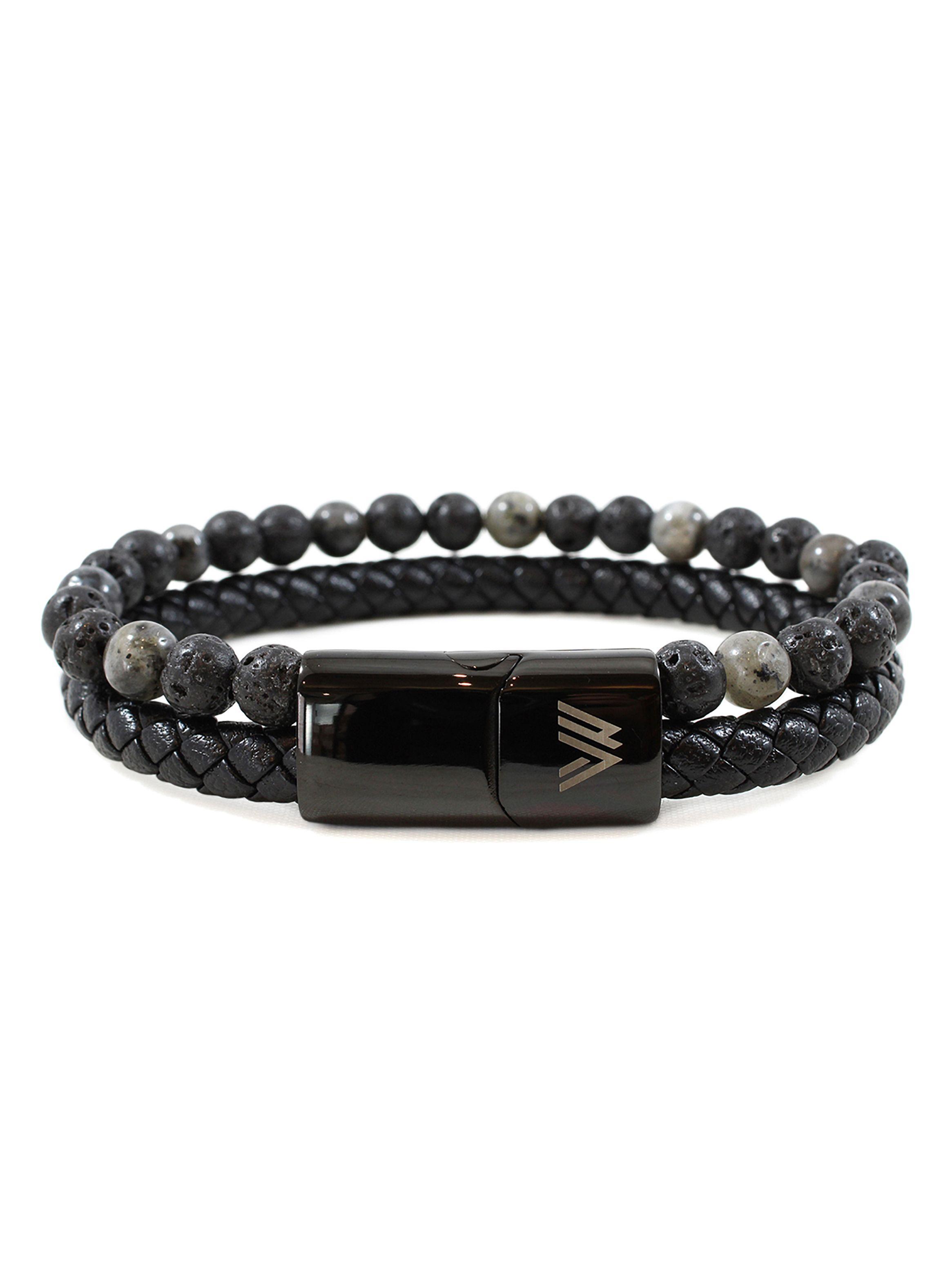Pulsera de Cuero y Piedra Volcánica Elegante Hombre-0