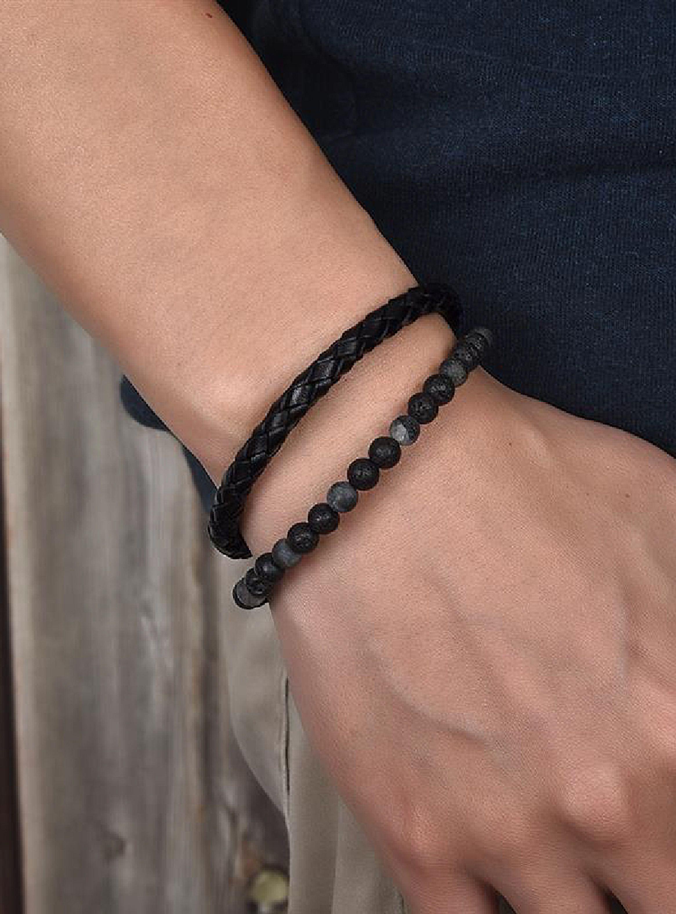 Pulsera de Cuero y Piedra Volcánica Elegante Hombre-3