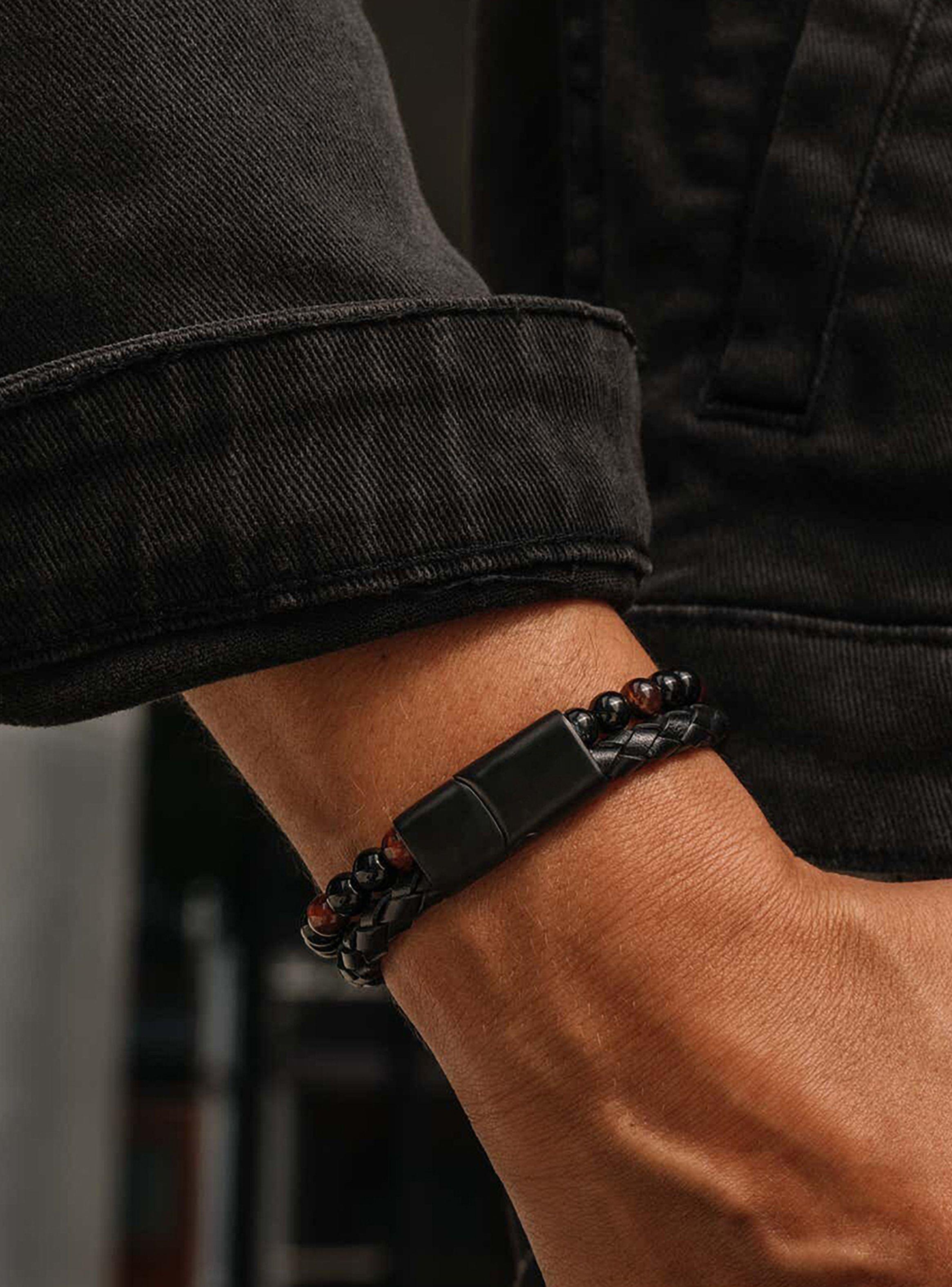 Pulsera de Hombre en Cuero con Ónix y Piedra Ojo de Tigre-5