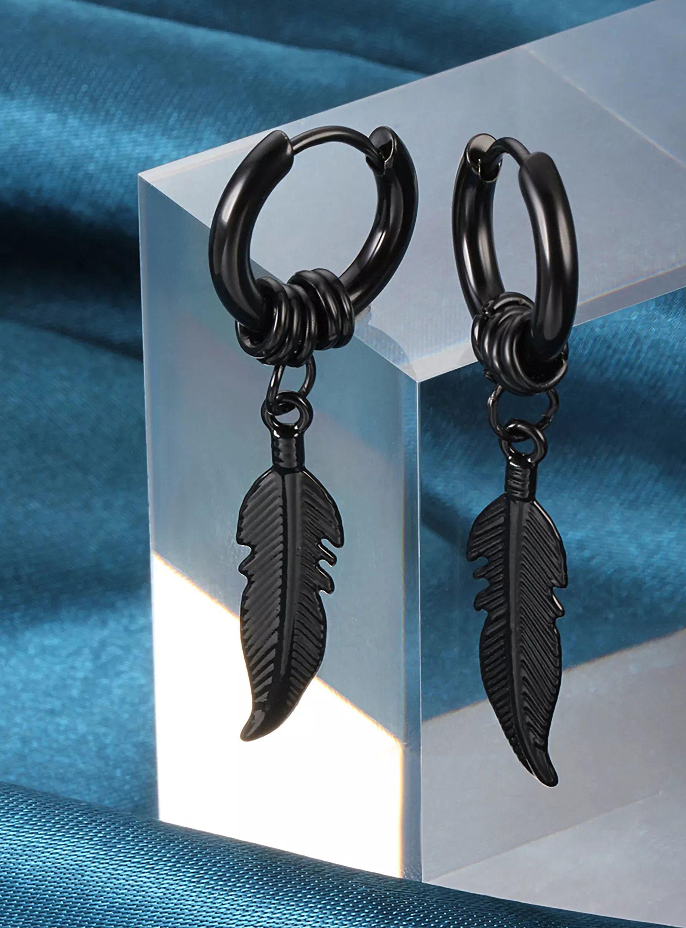 Aro Argolla Negro con Dije Pluma Colgante-3