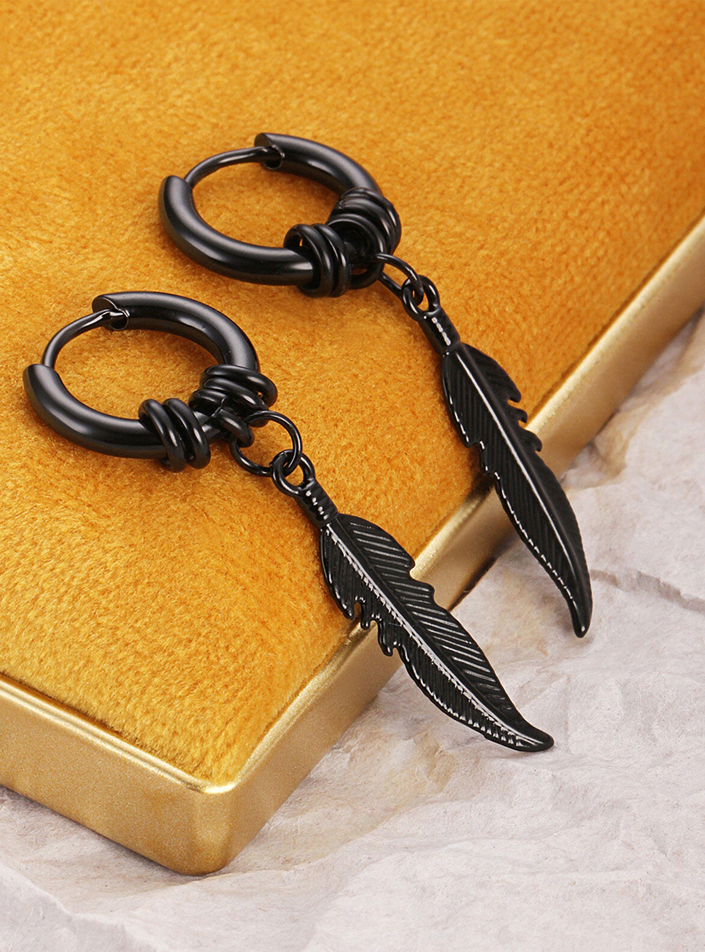 Aro Argolla Negro con Dije Pluma Colgante-4