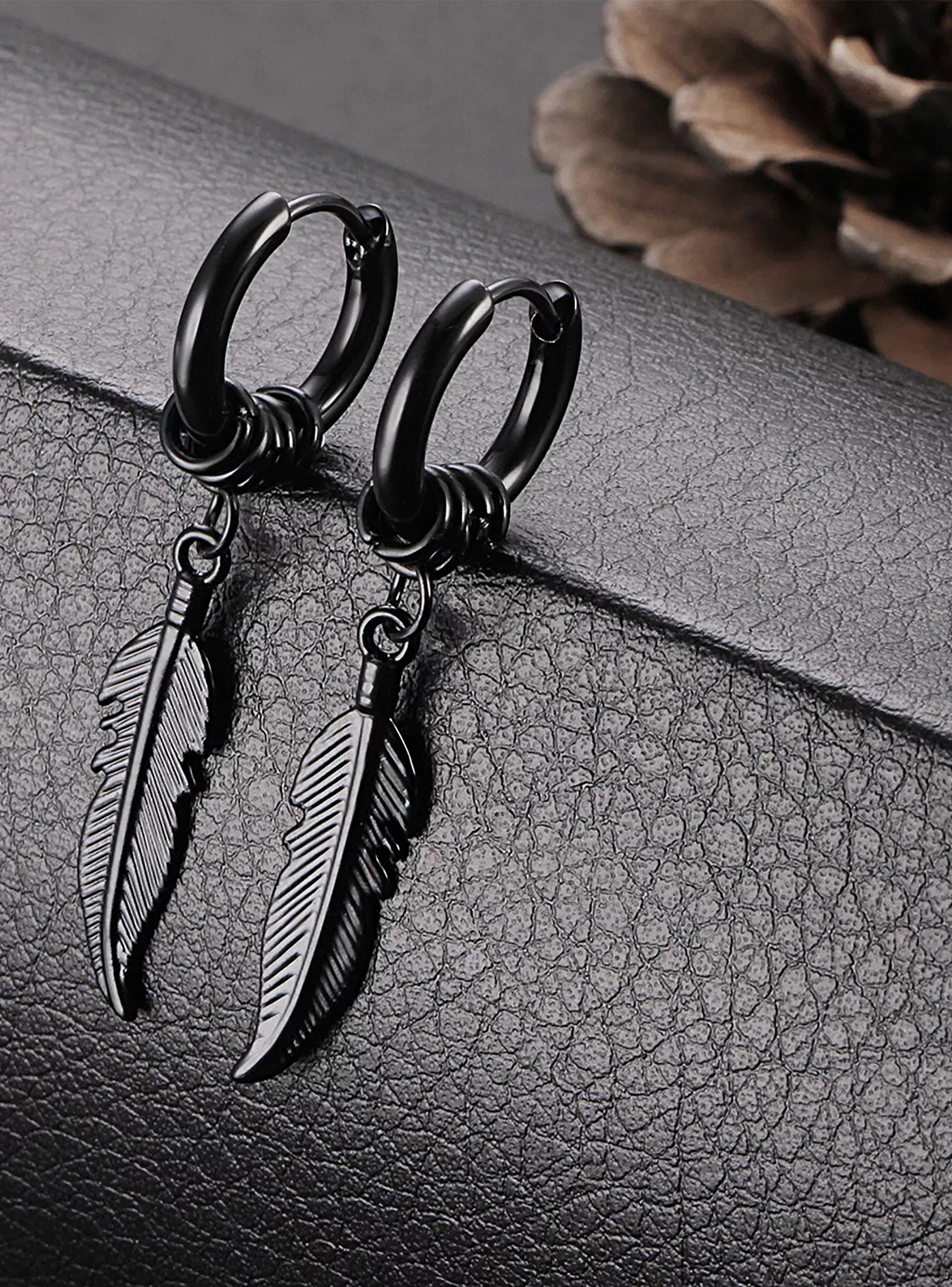 Aro Argolla Negro con Dije Pluma Colgante-5