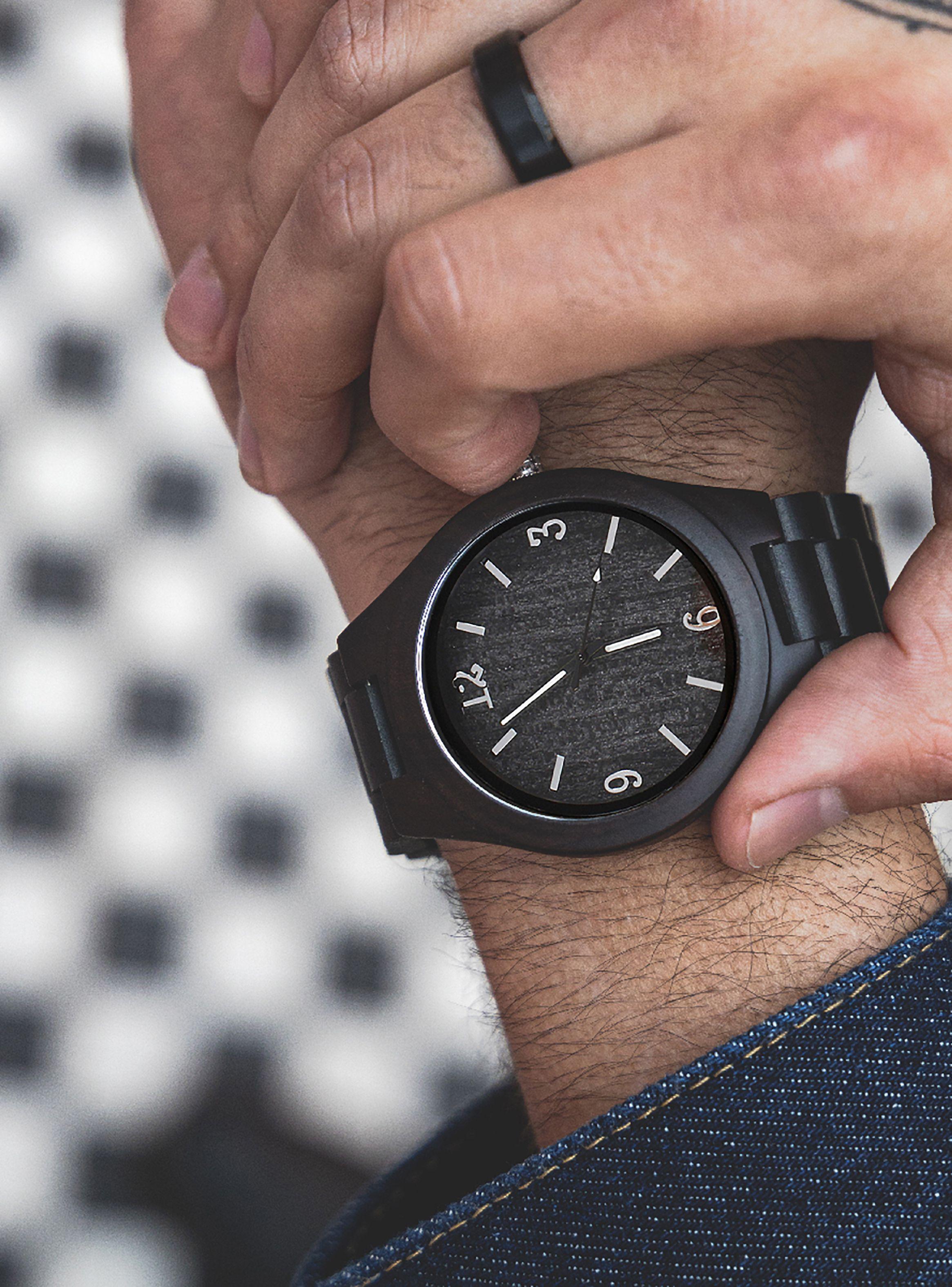 Reloj Hombres Análogo Correa Madera Dial Negro-3