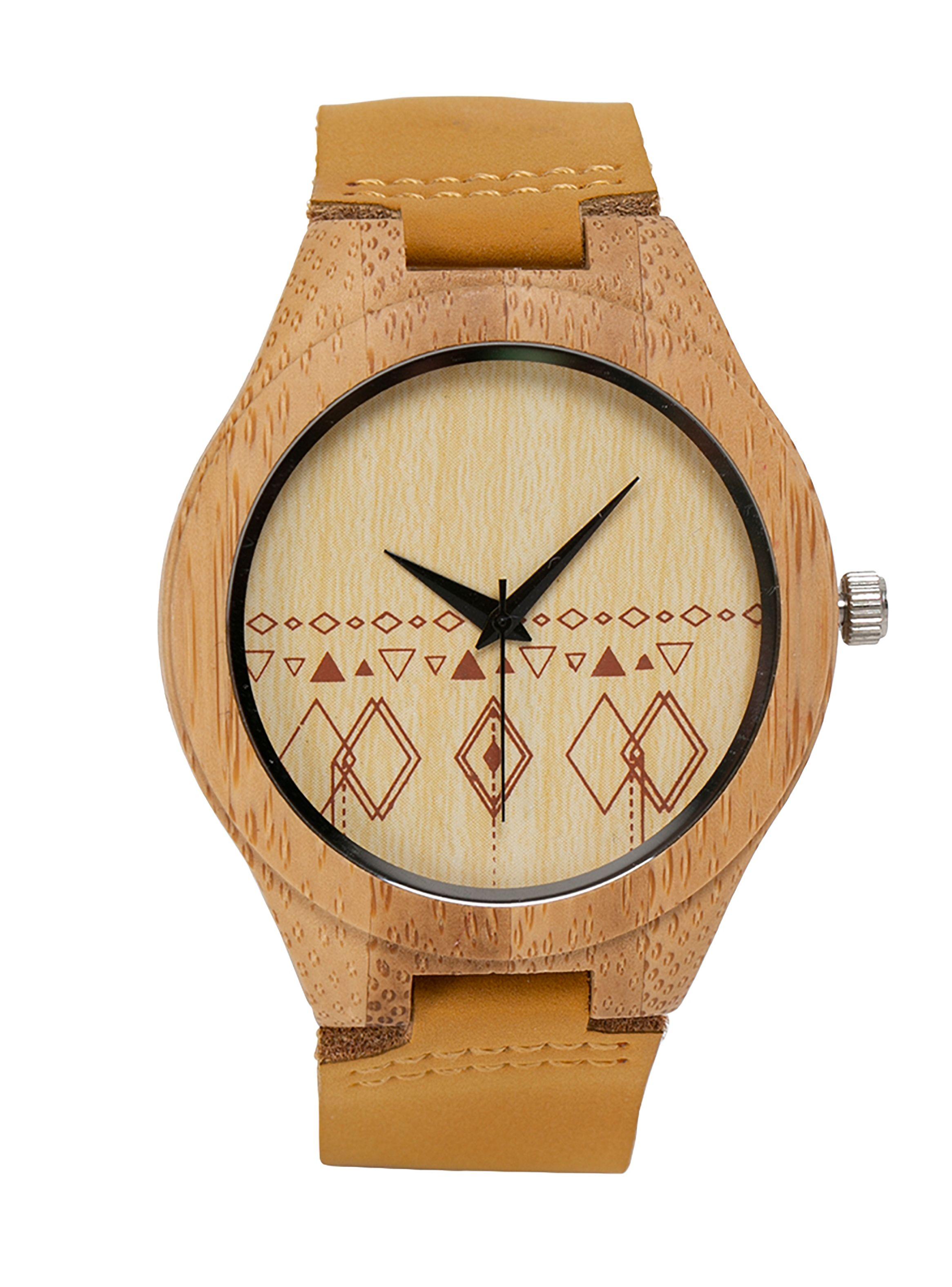 Reloj De Madera Cuero Beige Detalles Geométricos Rojos-0