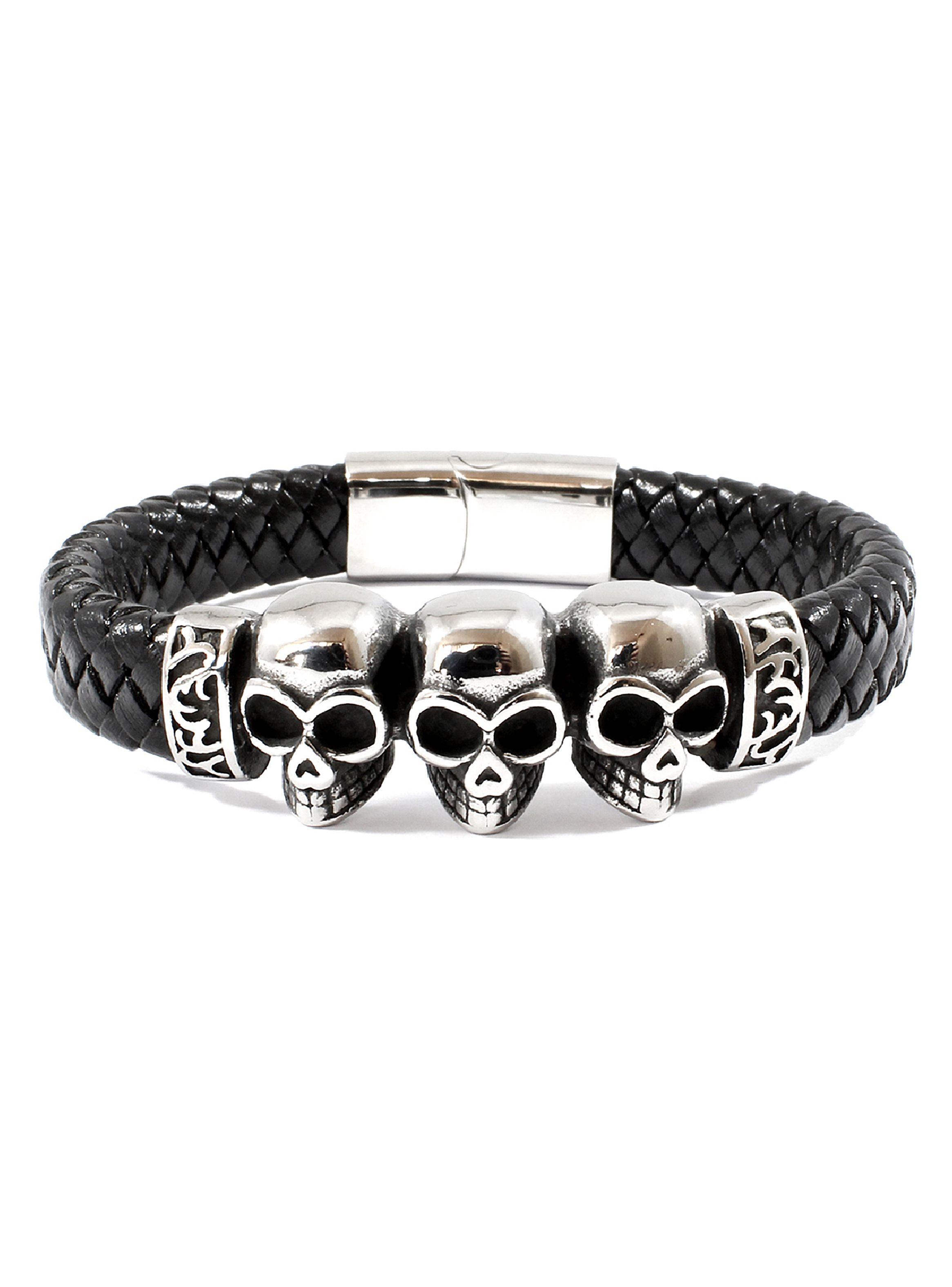 Pulsera Hombre Brazalete de Cuero Negro con Calaveras-0